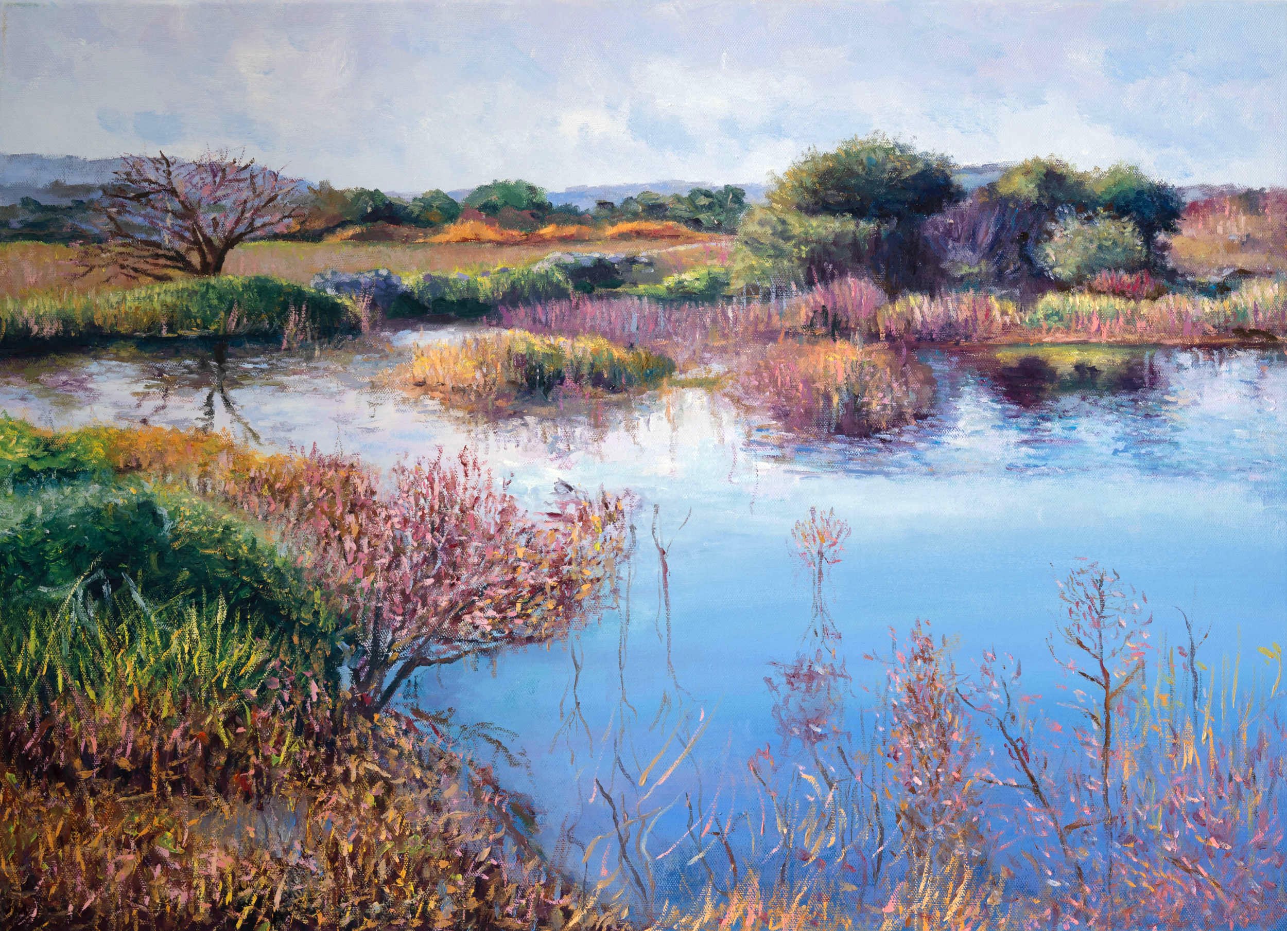 Oil on canvas landscape with pastel colours depicting a lake by Steve Sciberras