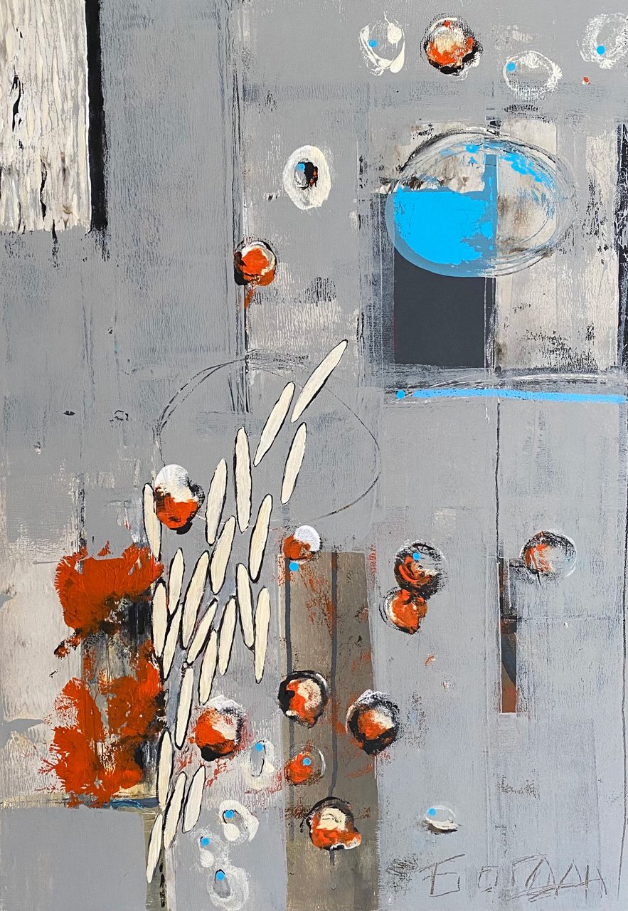 Abtract composition with bright blue, white and red circles and shapes on a grey background.