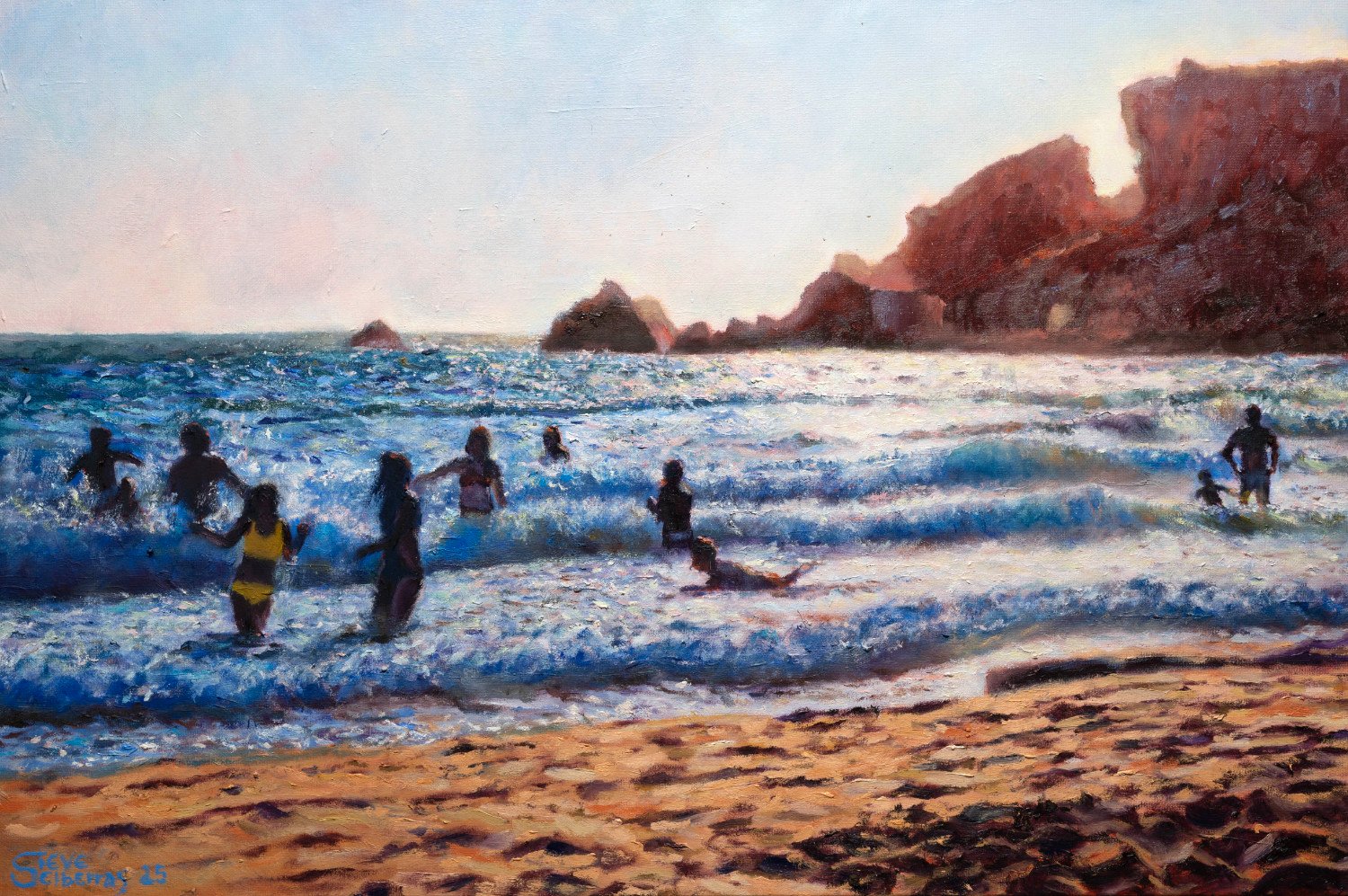 Summer scene at the beach, people enjoying the waves in the sunshine, painted with oils by Steve Sciberras