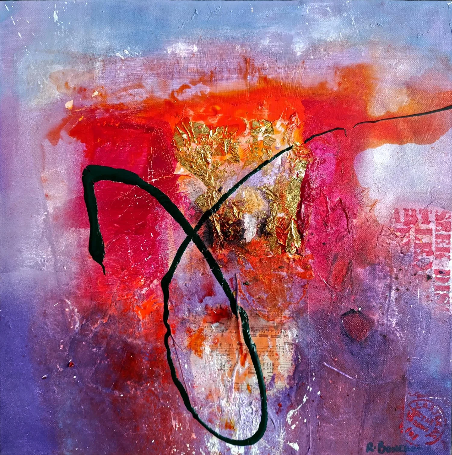 Abstract painting with a heart of gold and a warm colour palette by Rosette Bonello.