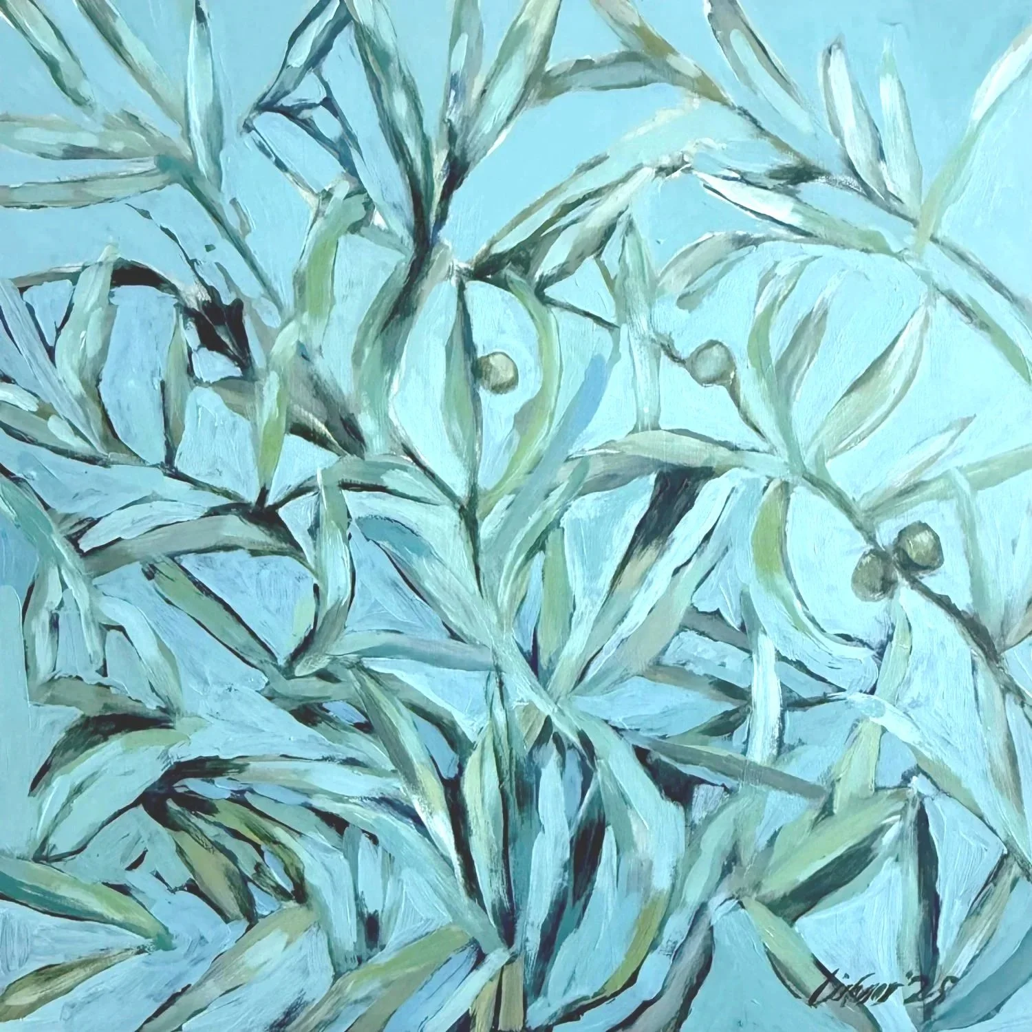 Olive tree painted with brigfht blue acrylics on Lisa Cassar's painting