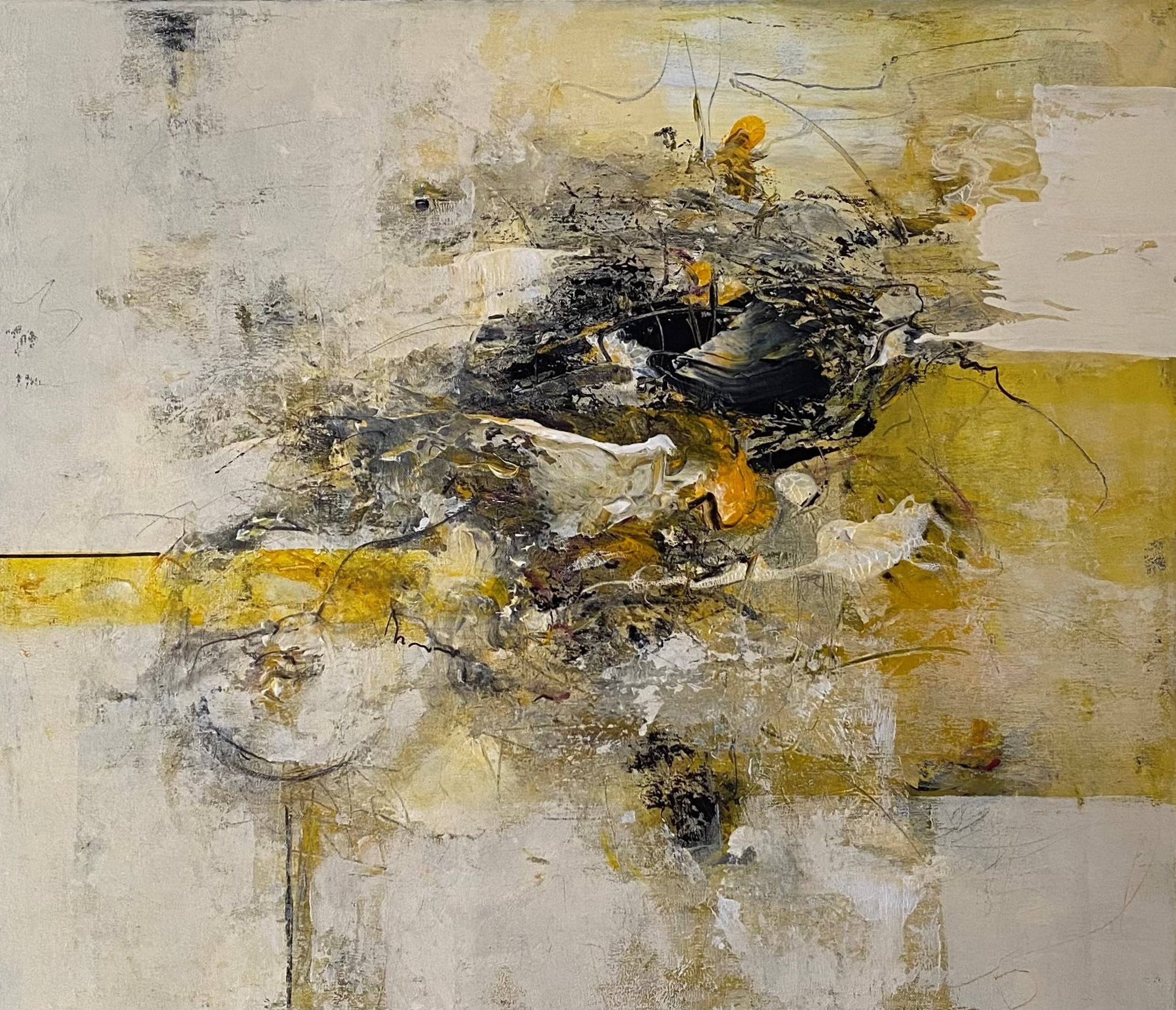 Acrylic abstract painting with organic, flowing forms for sale on Allura Art.