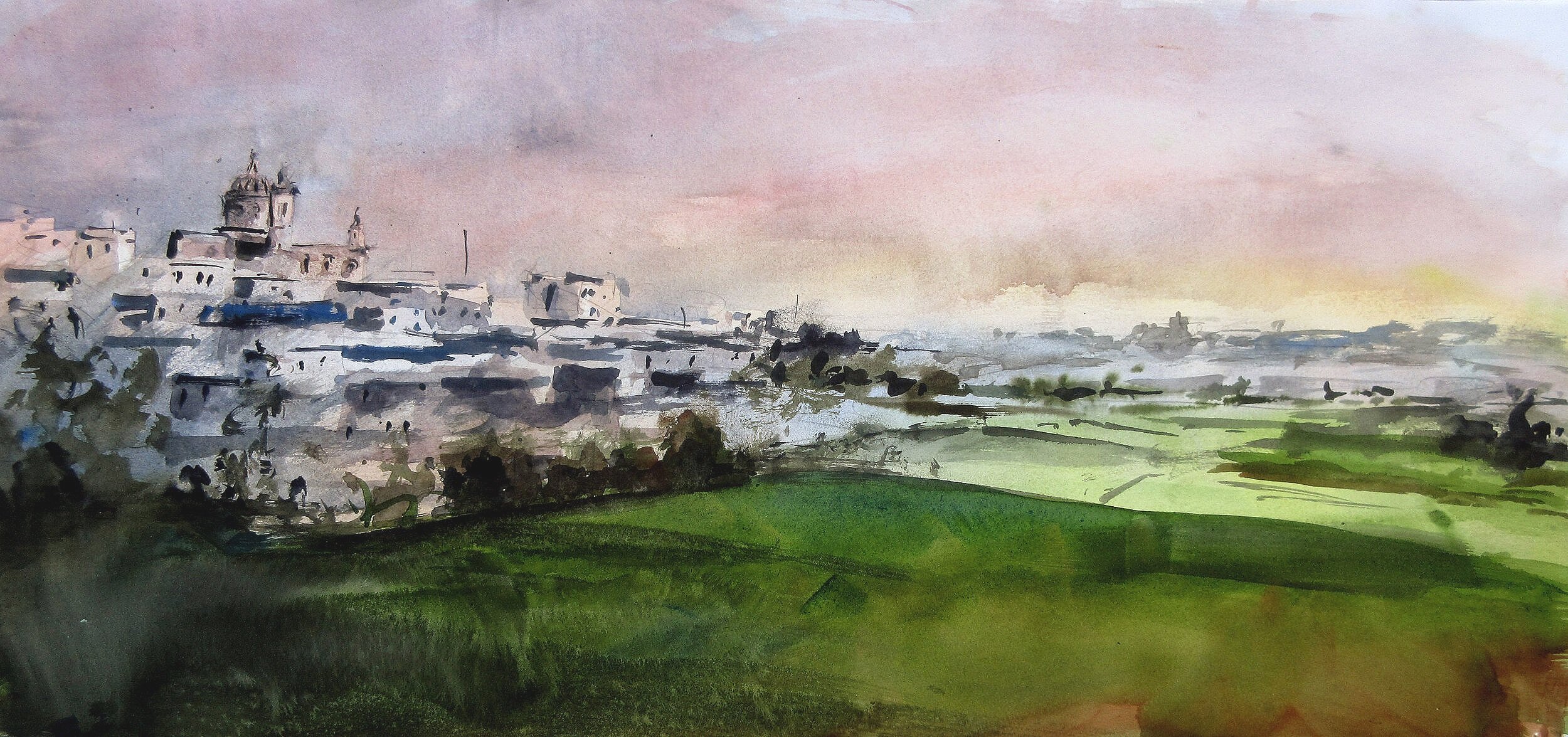 Malta village and fields, impressionistic style landscape watercolour for sale.
