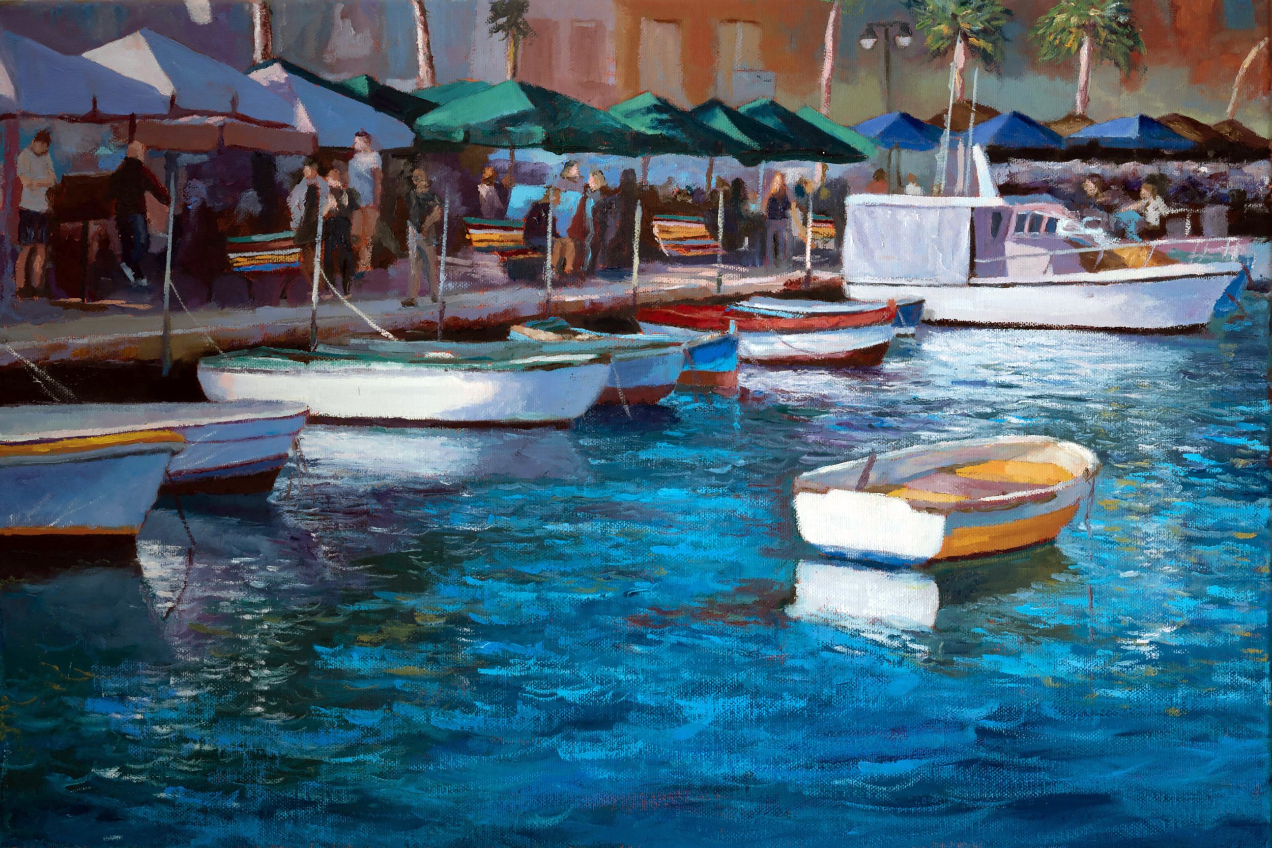 Boats harboured in Maltese bay on colourful oil painting available on Allura Art.
