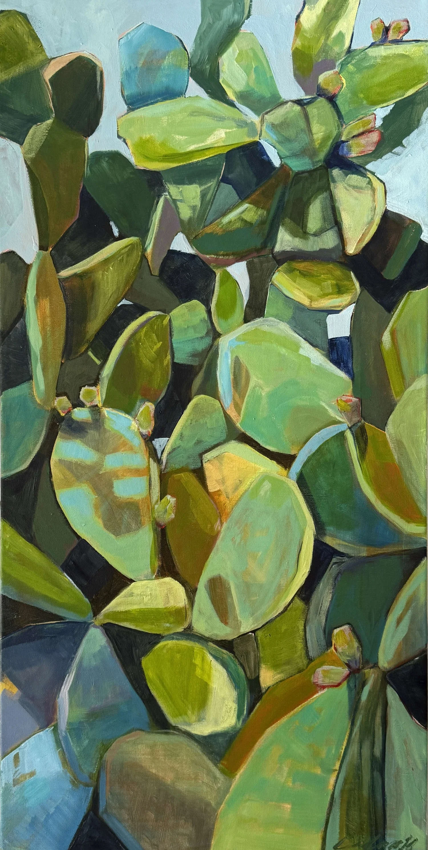 Prickly Pear plant in focus on Lisa Cassar's painting