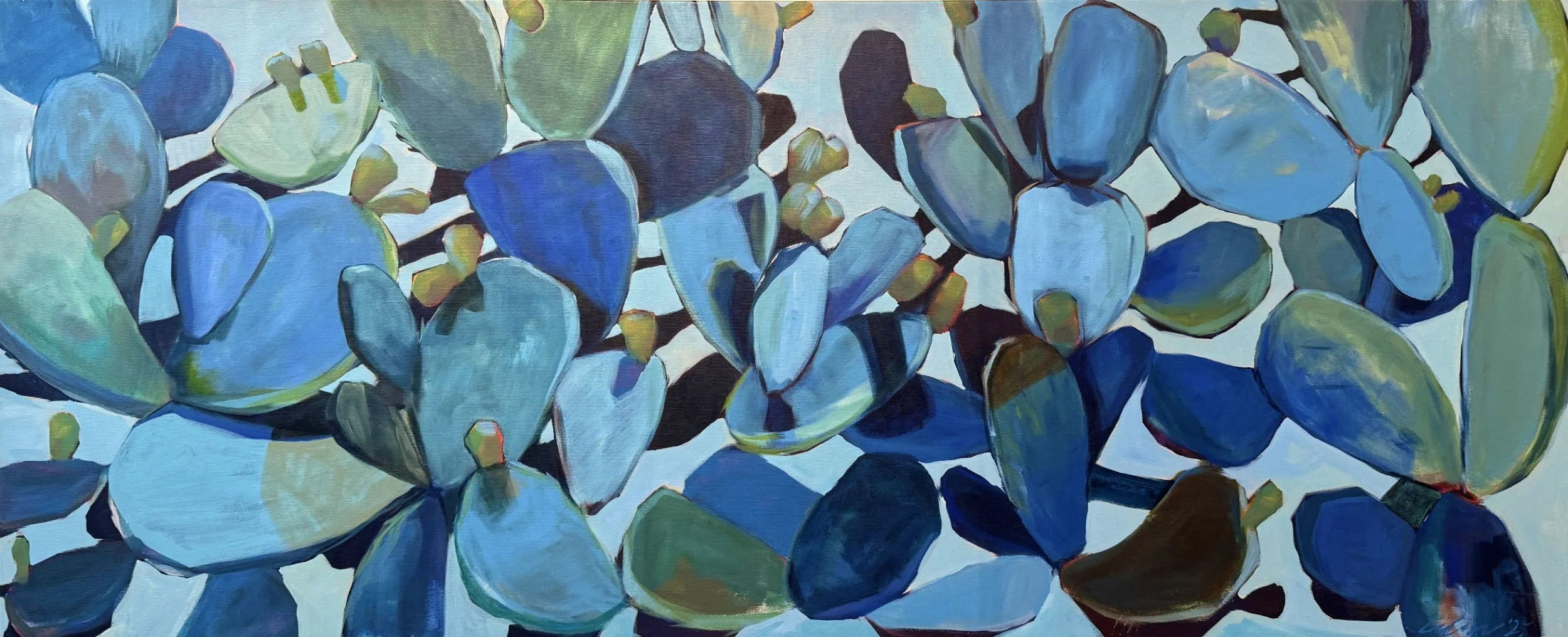 Prickly pear plant filling the frame of  large canvas painted with blue hues of acrylic