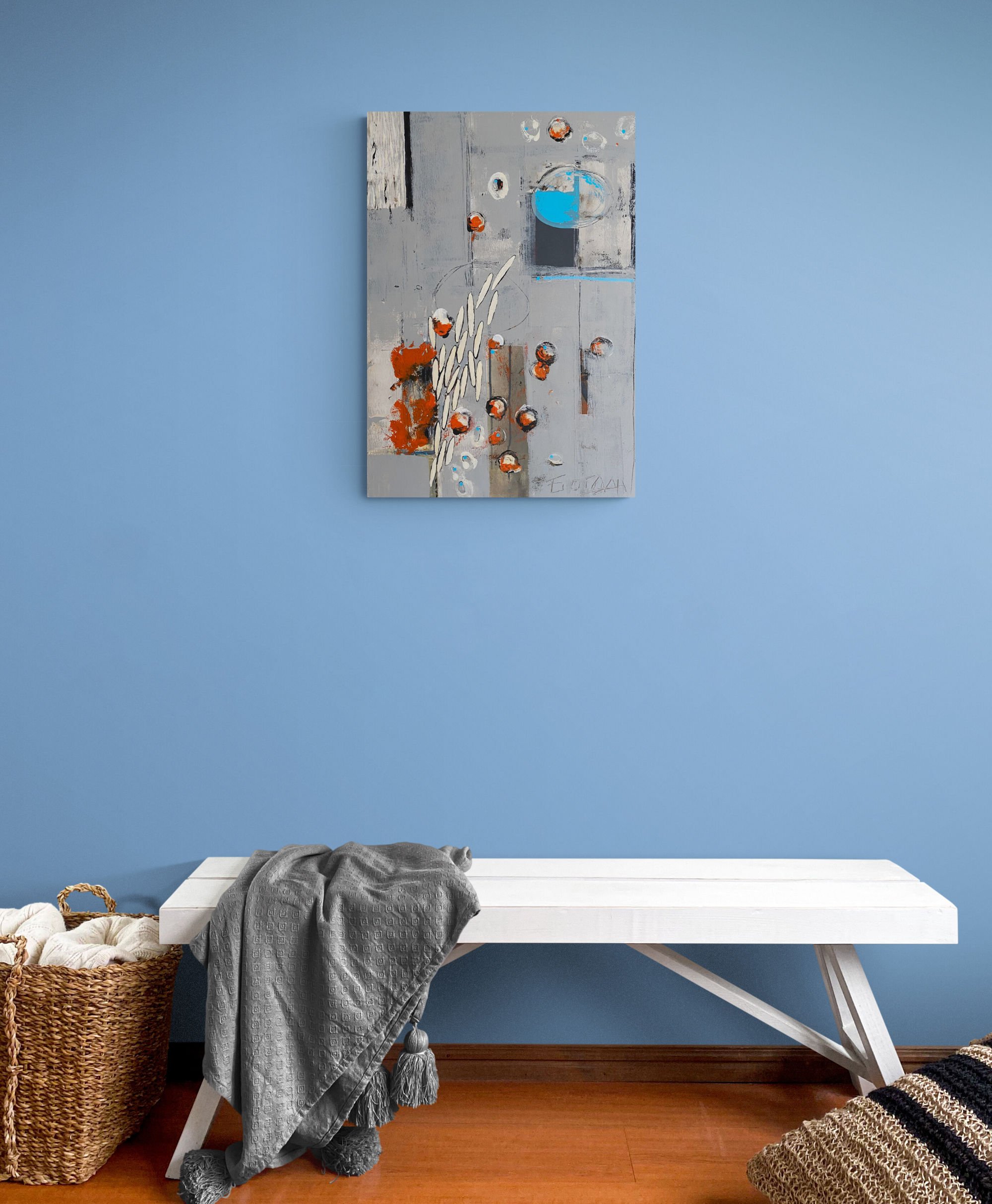 Bogdan Dyulgerov's painting, Mirrors 2 displayed on a blue wall.