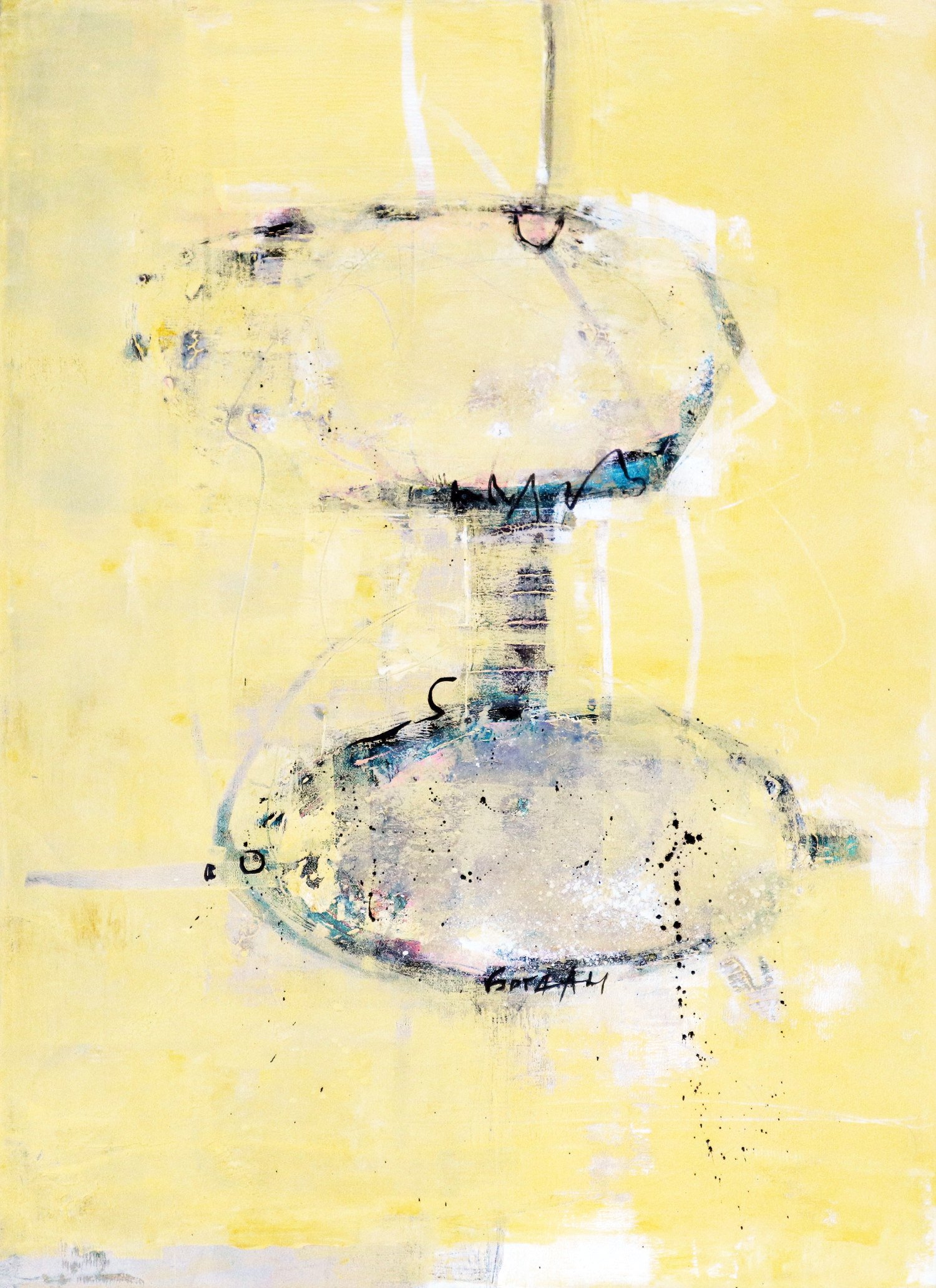 Pale yellow background a semi and a full circle are joined together, abstract art for sale.