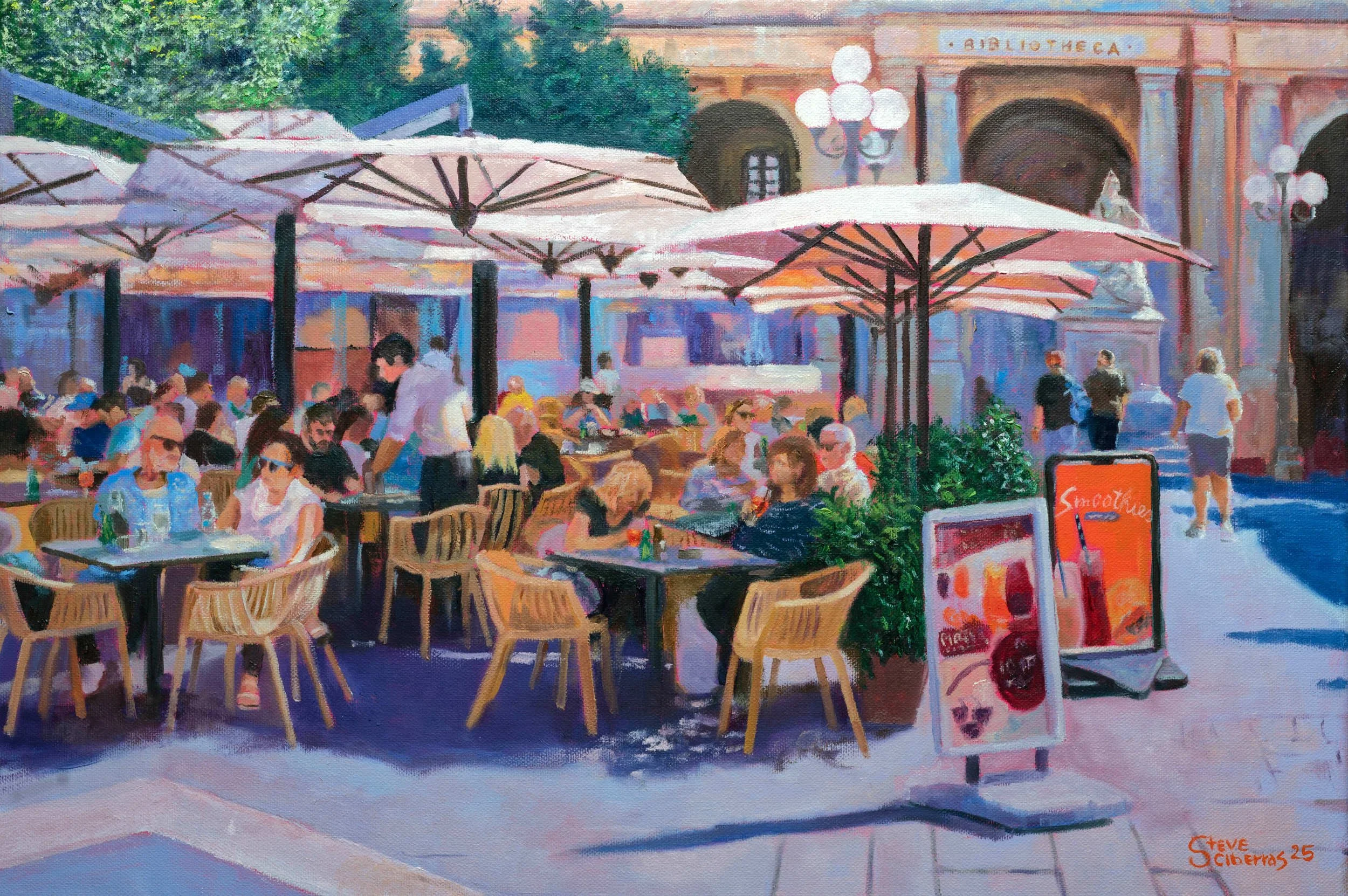 Bustling coffee terrace scene on Steve Sciberras' oil painting