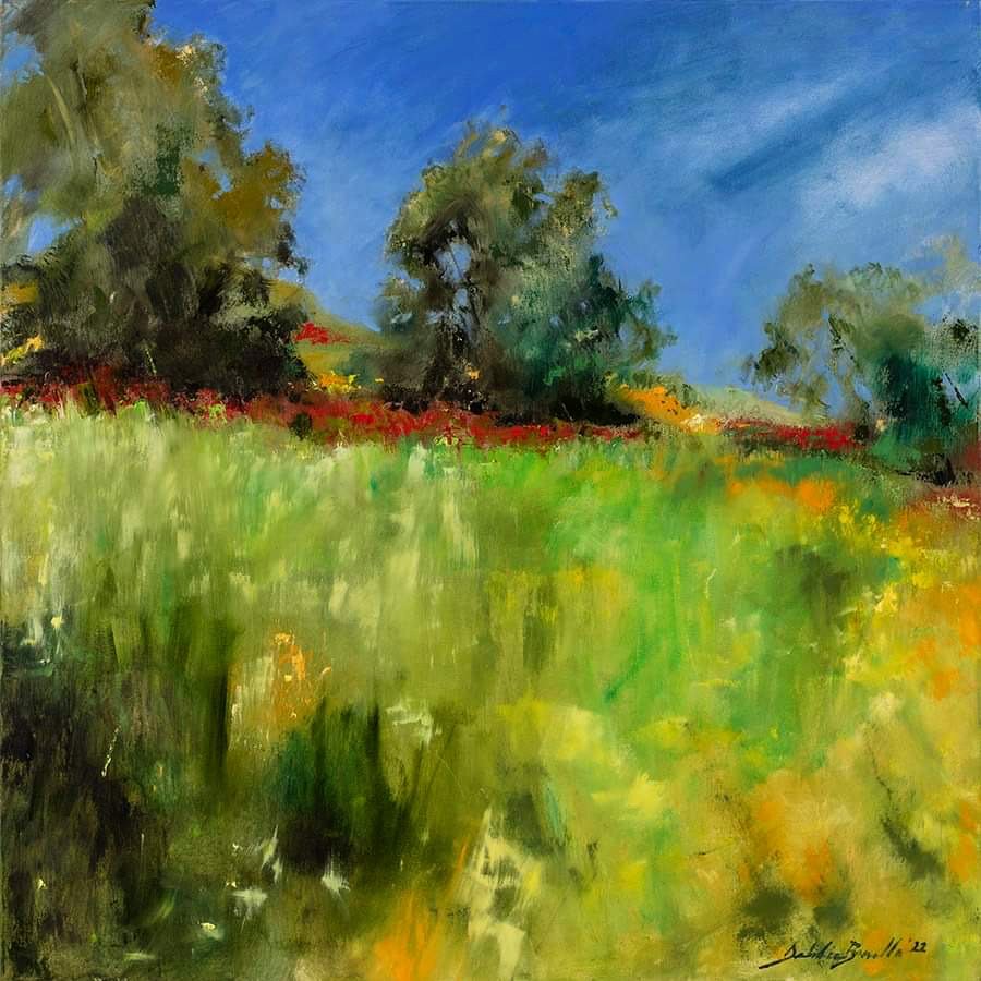 Oil landscape depicting summer greenery, field and trees by Debbie Bonello.
