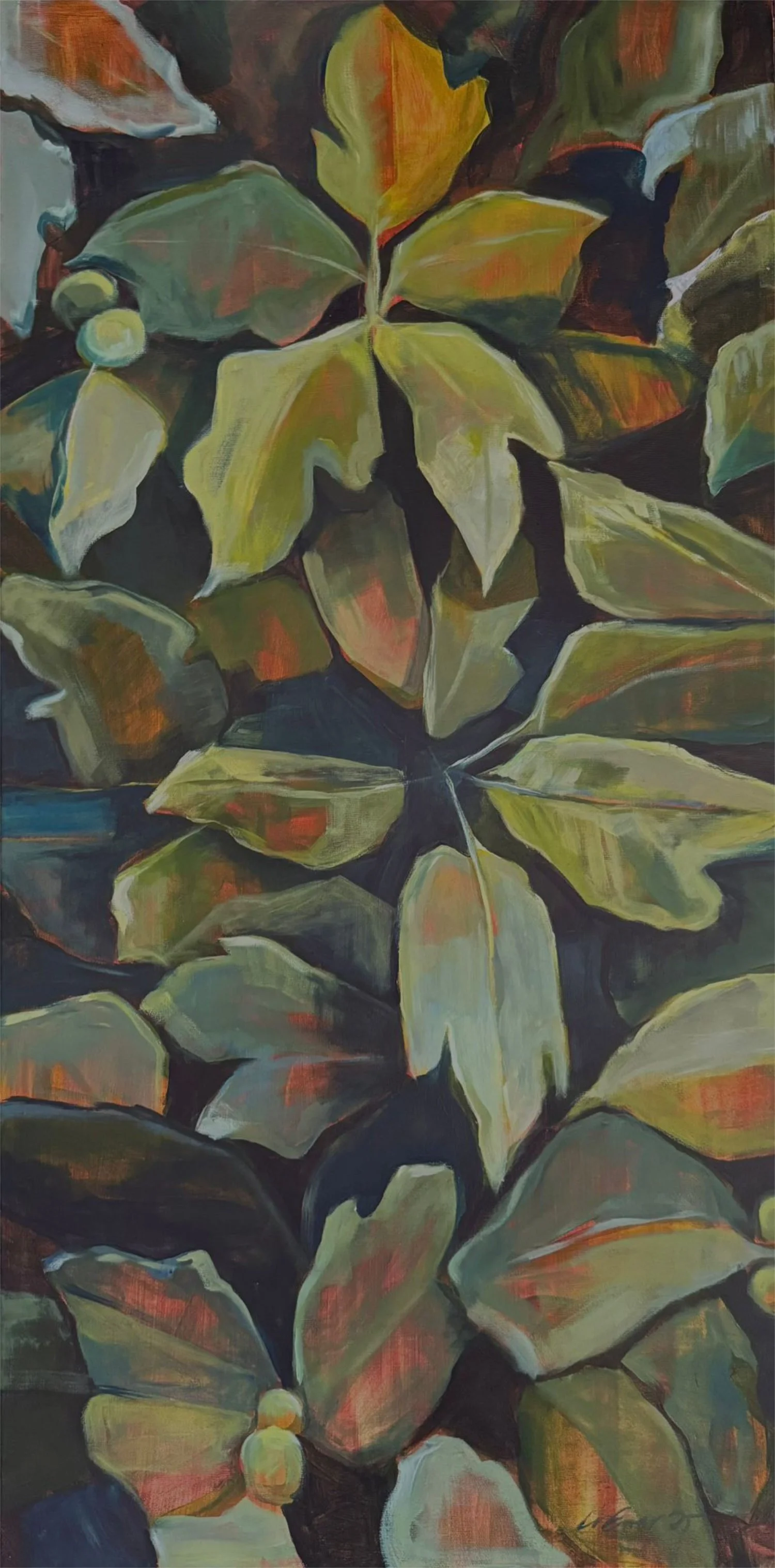 Close up acrylic painting of the tangled leaves and branches of a fig tree.