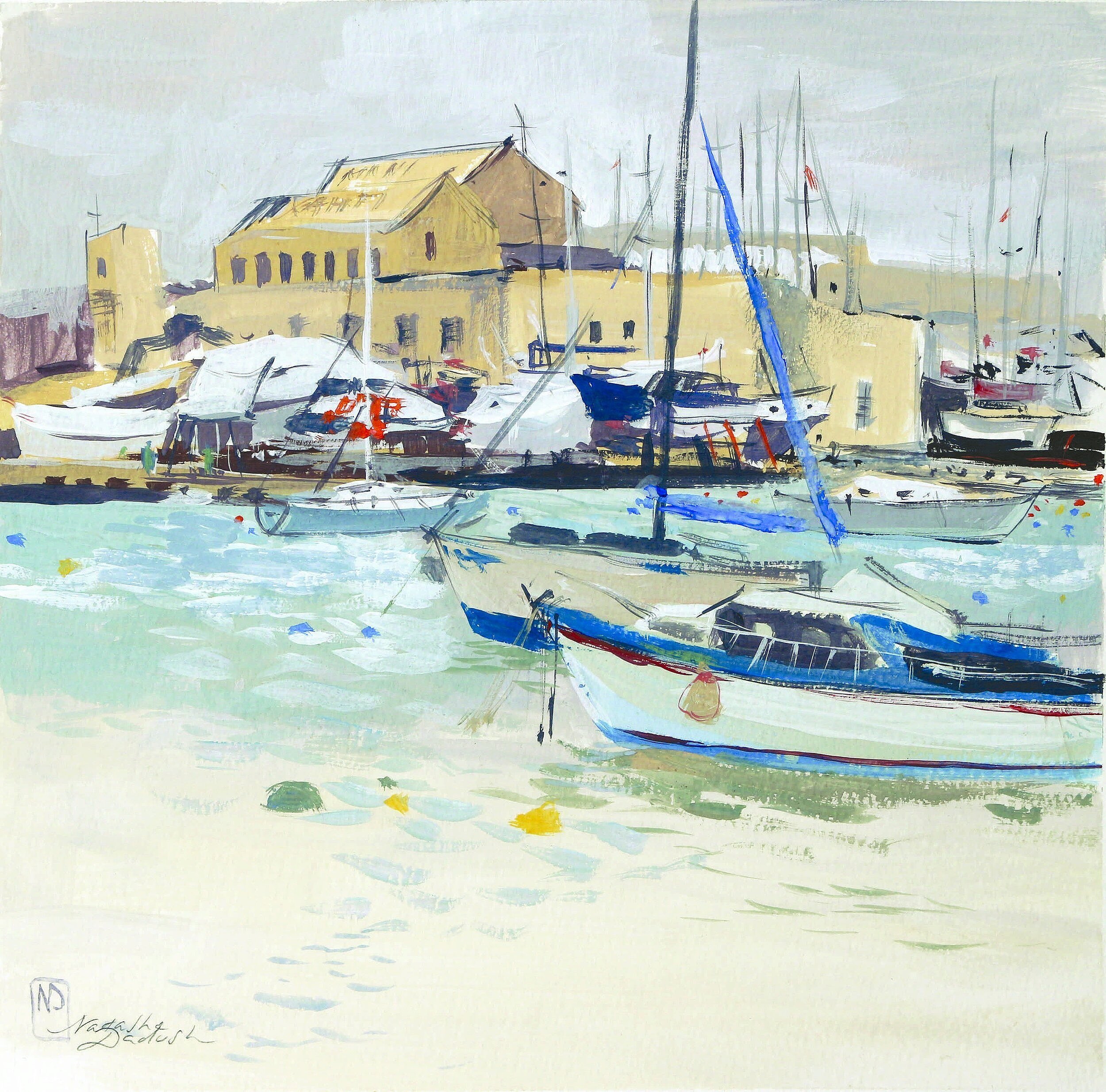 Impressionistic style painting, Malta harbour scene with boats, fine art painting by Natasha Dadush