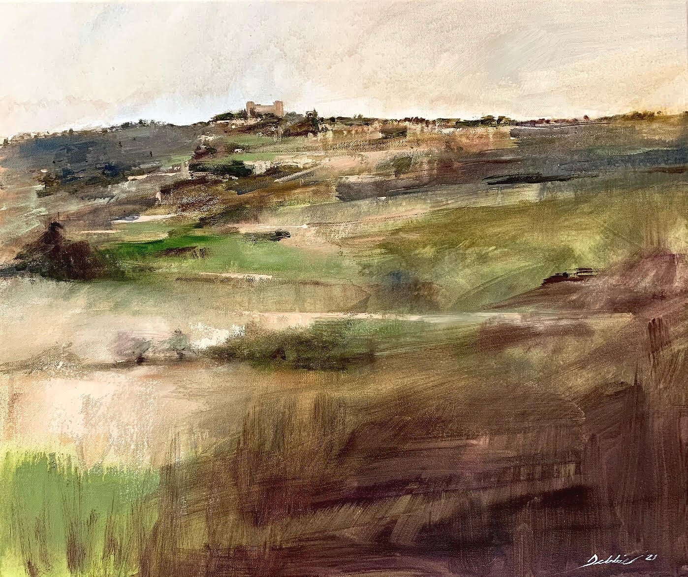 Loosely painted Malta landscape with distant palace by Debbie Bonello.