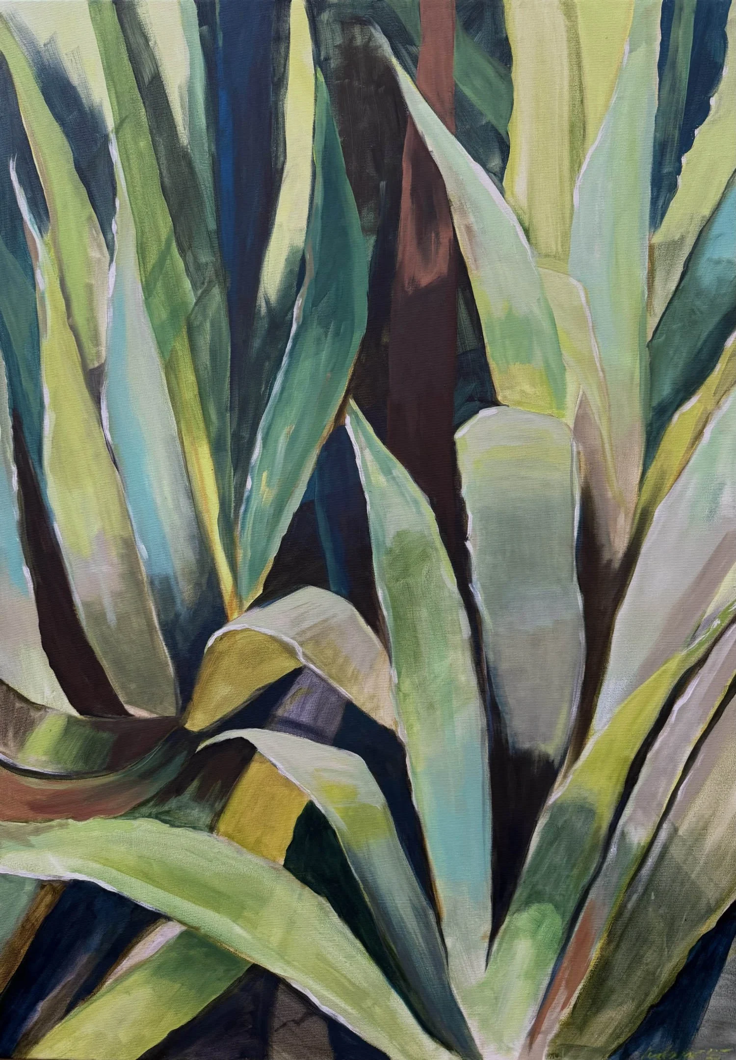Agave plant's leaves fill the frame of acrylic painting for sale on Allura Art