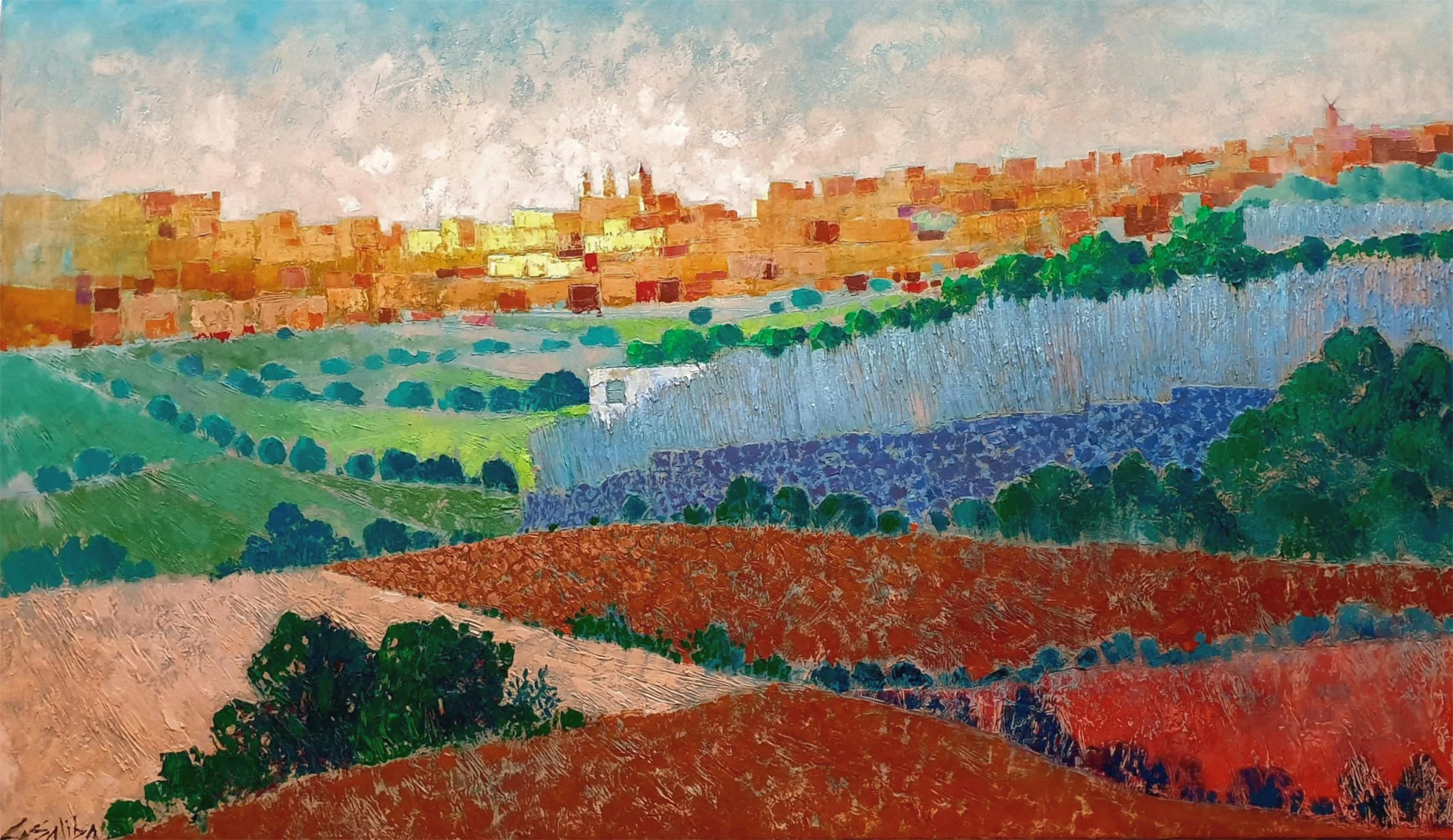 Painted with bright colours and built up from shapes, acrylic landscape by Christopher Saliba