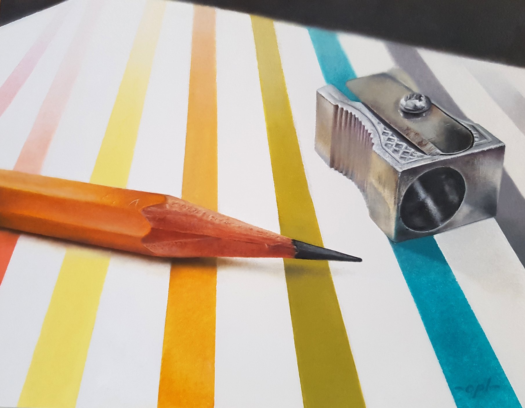 Realism painting featuring a pencil and a sharpener for sale on Allura Art.