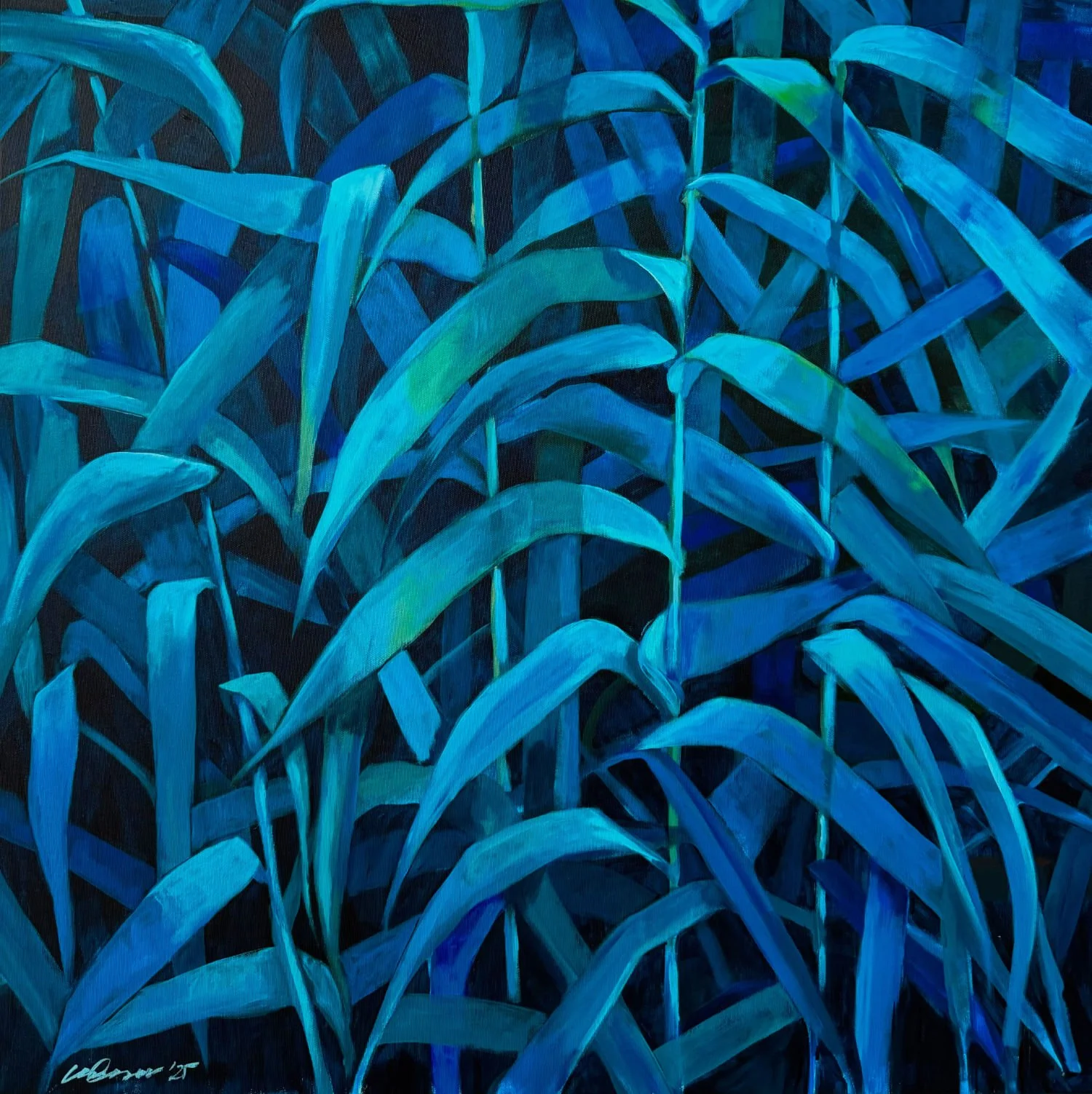 Close up paiting of reeds filling the frame, painted with blue arcilyc hues.