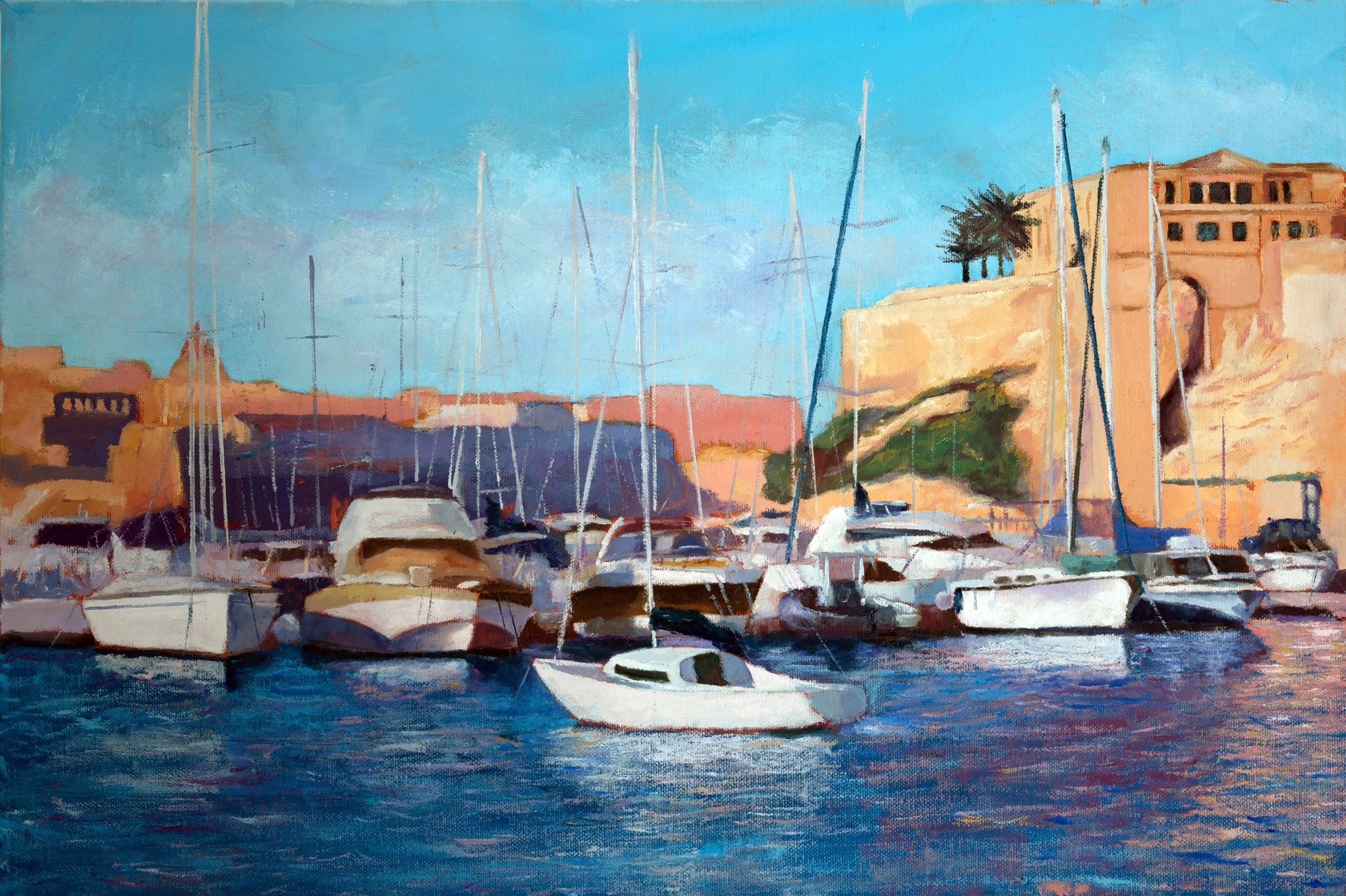 Yachts berthed in Kalkara port painted in oils by Steve Sciberras.
