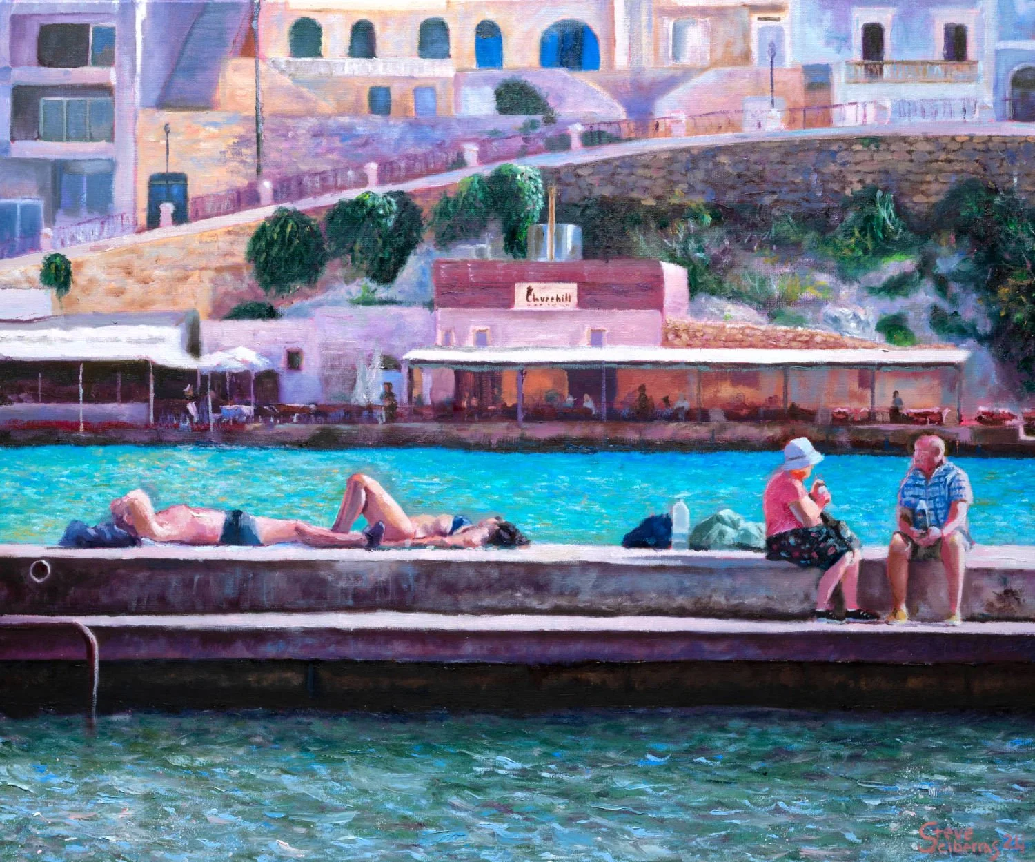 A beachside city scene painted in oils depicting sunbathers and buildings in the background for sale on Allura Art