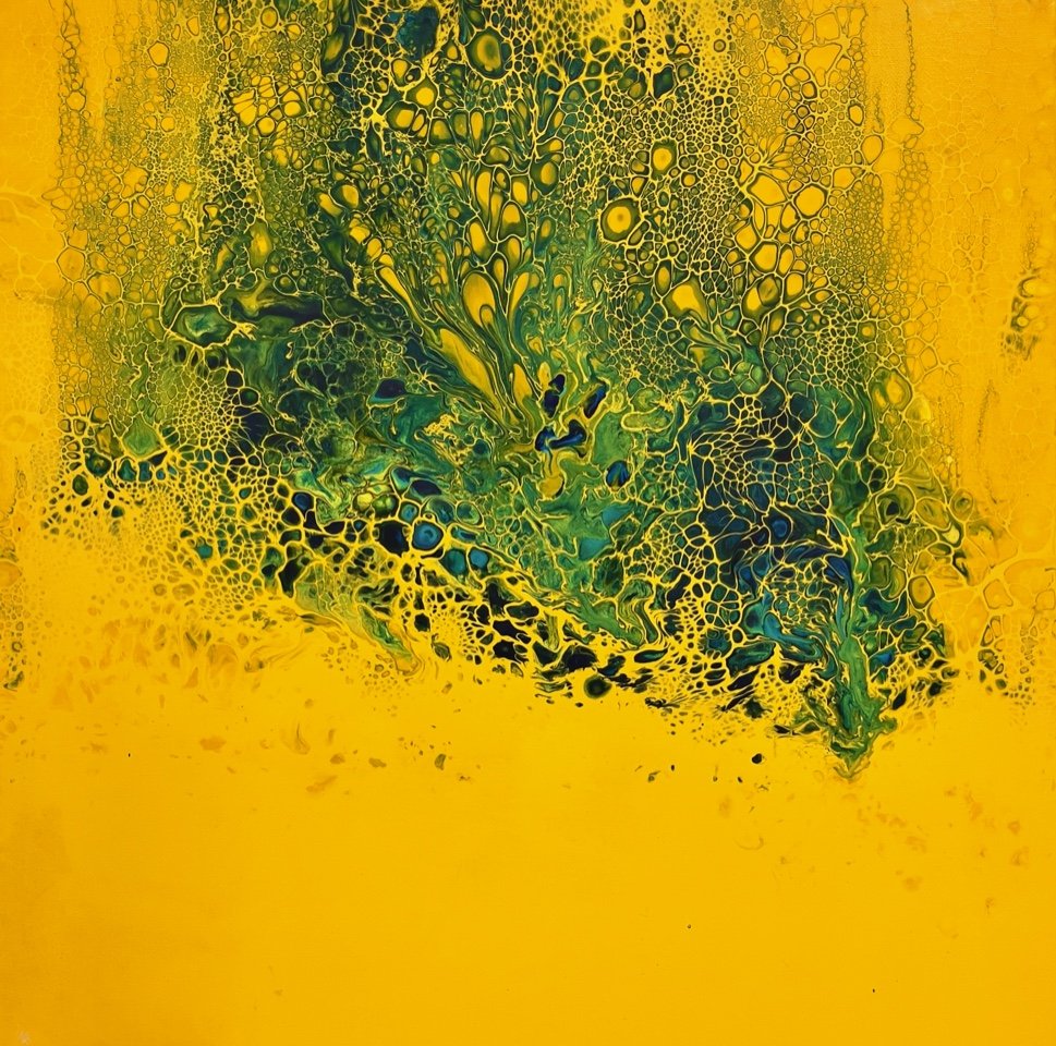 Yellow,green abstract painting with bright acrylic colours by Jo Dounis for sale on Allura Art
