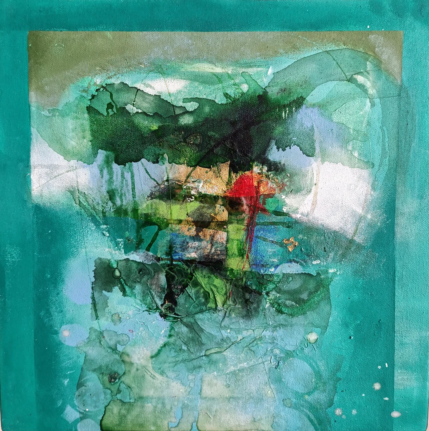 Green shades dominate this dynamic abstract painting available on Allura Art.