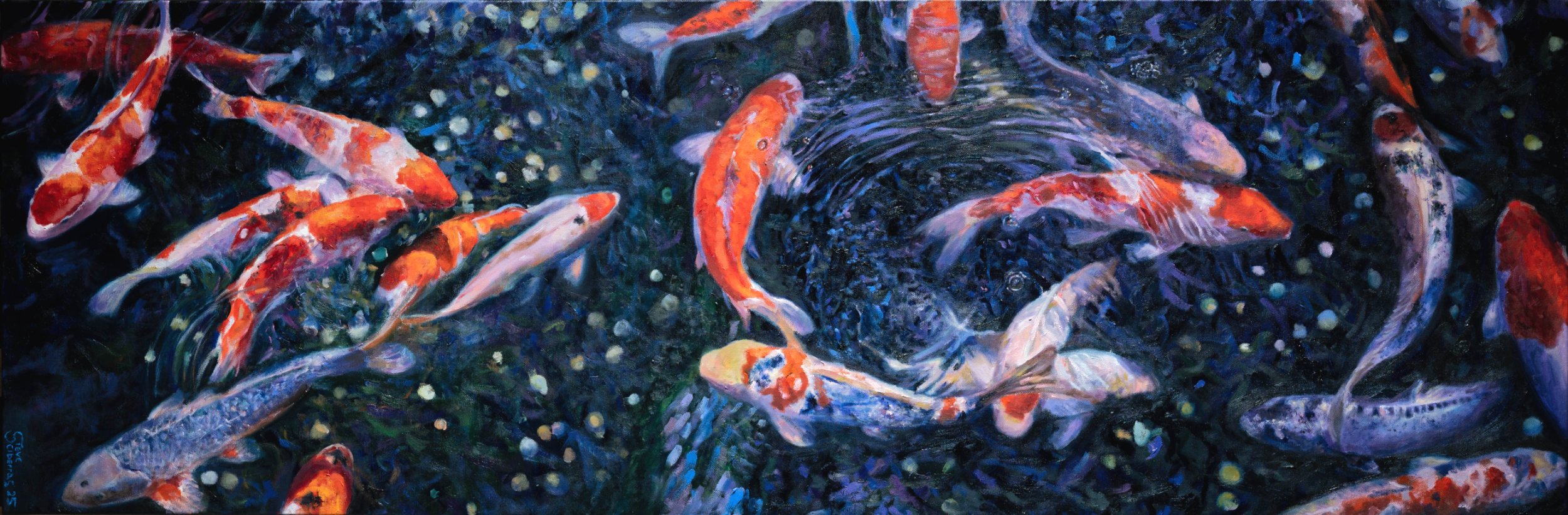 Koi fish in a pond painted with oils on a large scale painting for sale on Allura Art