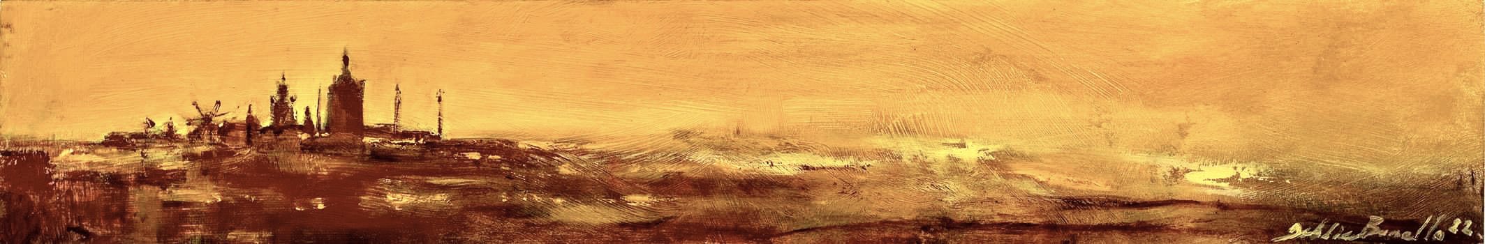 Minimalist landscape with earth and orange tones with hints of a town on the horizon.