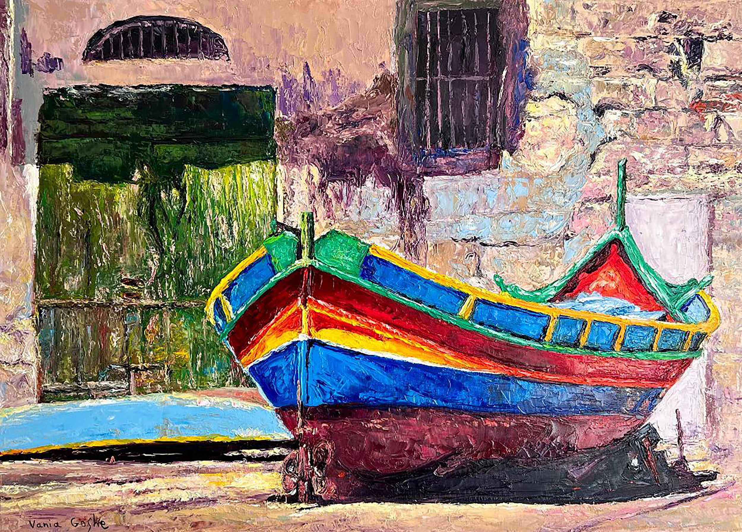 Traditional Maltese fishing boat, luzzu on dry land in front of a green door, painted with impasto technique
