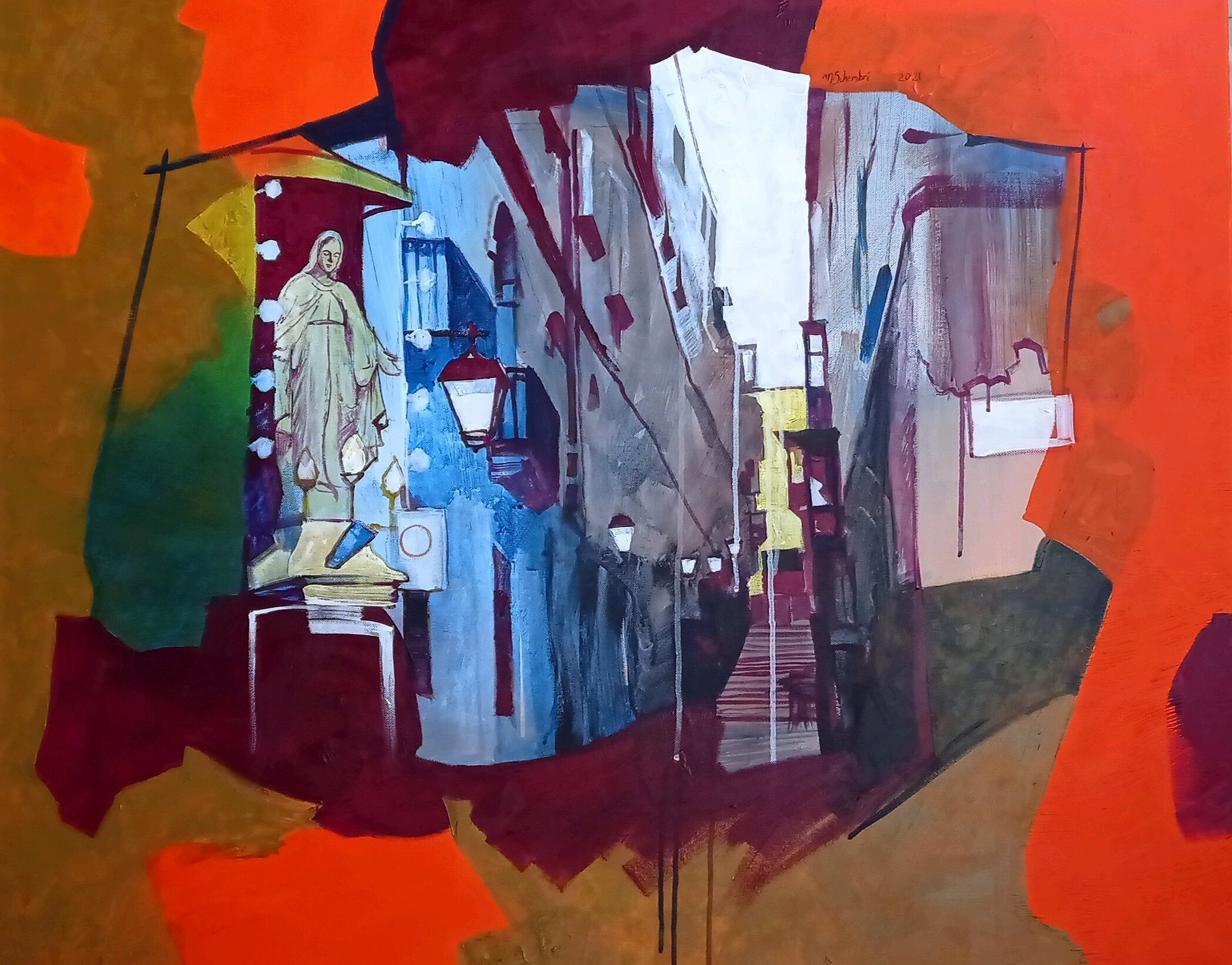 Contemporary fine art painting of Valletta, Malta street scene, famed by bold colours for sale on Allura Art