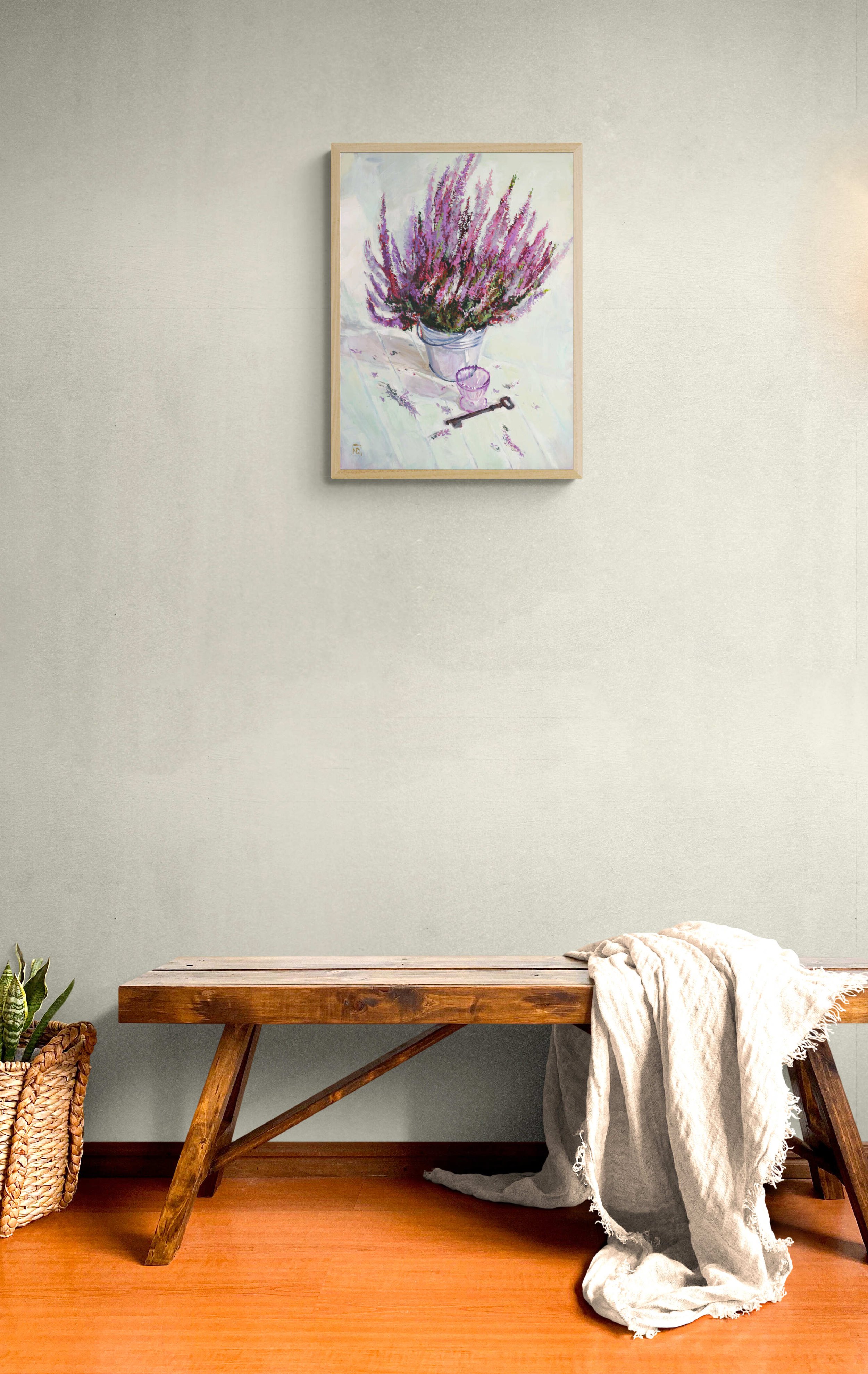 Natasha Dadush's still life on the wall with wooden bench.