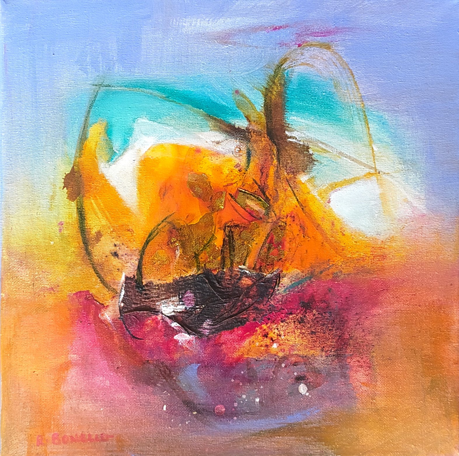 Bright, strong colours, mixed media original abstract artwork for sale on Allura Art.