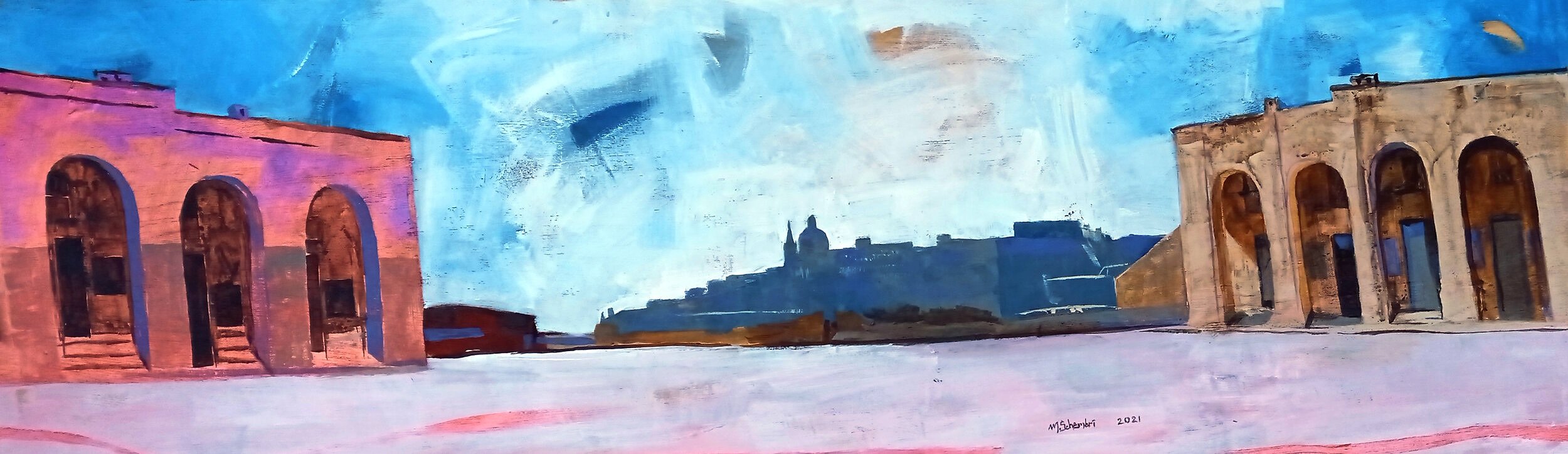 Malta fort and distant Valletta skyline on large fine art painting by mMark Schembri.