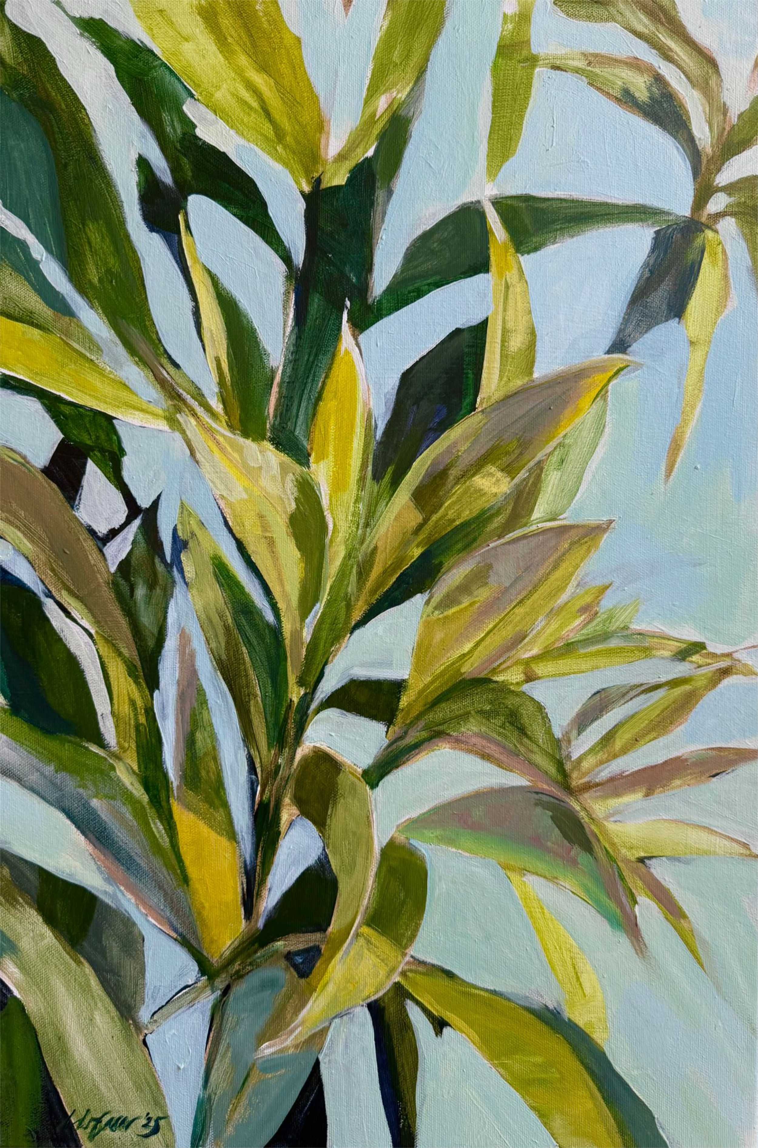 Loquat tree painting against a pastel blue sky for sale on Allura Art.