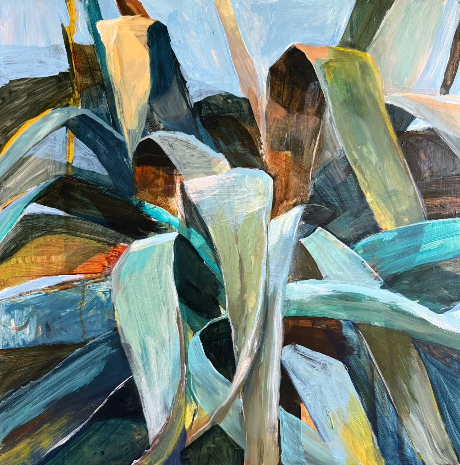 En plein air acrylic painting of a yucca plant from close up by Lisa Cassar