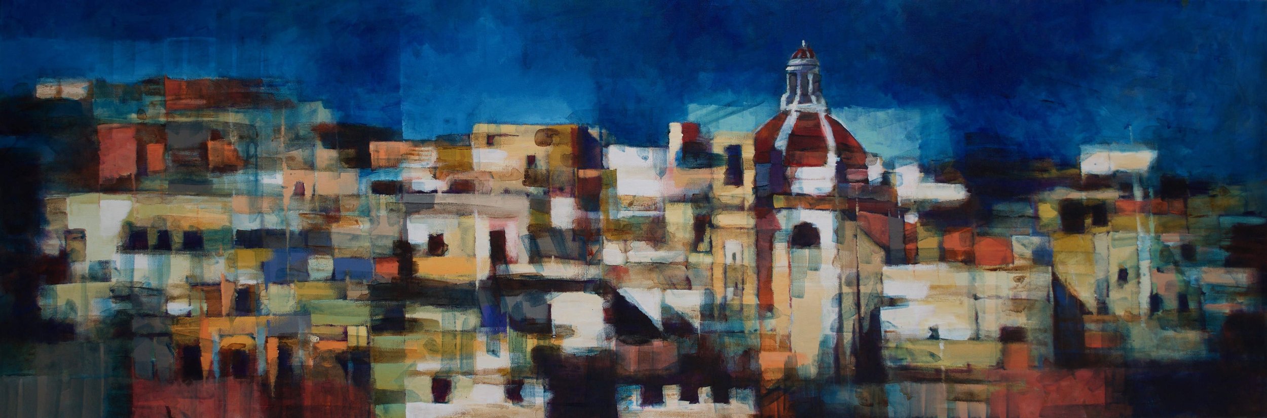 Smi abstract interpretation of Maltese city painted with colourful acrylics by Kevin Sciberras.