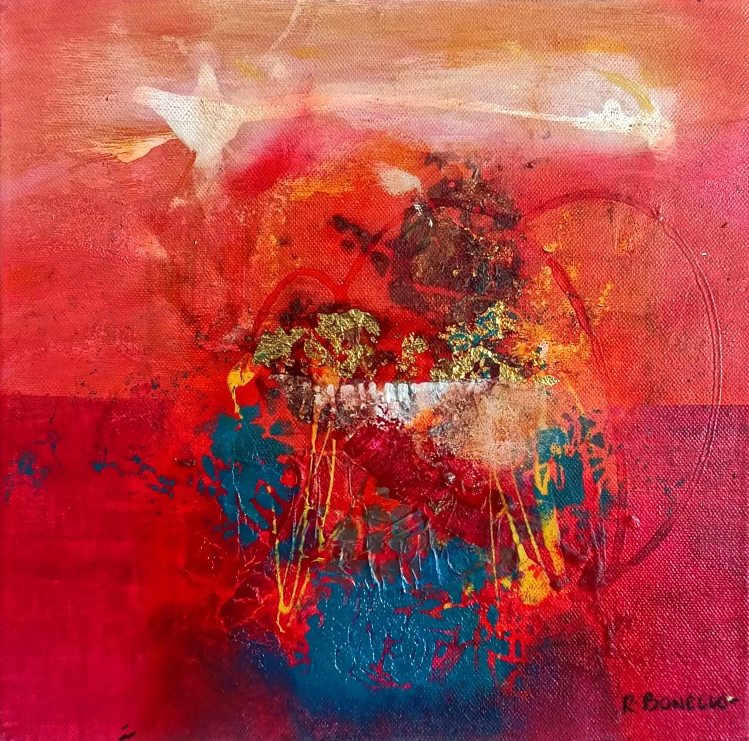 Predominantly red abstract painting balanced out by hues of blue and gold leaf for sale on Allura Art