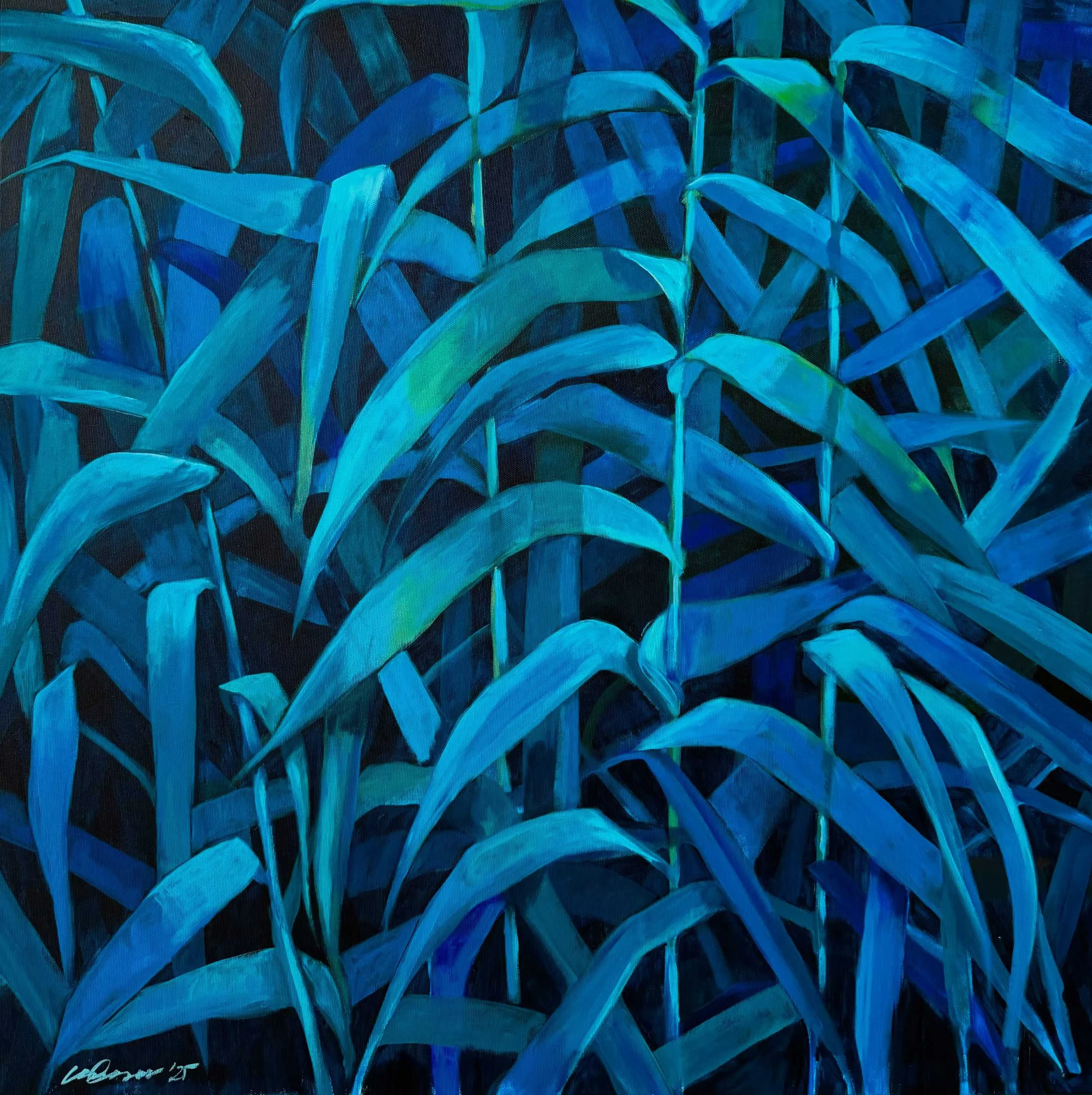 Giant reeds filling the frame on Lisa Cassar's blue hued painting