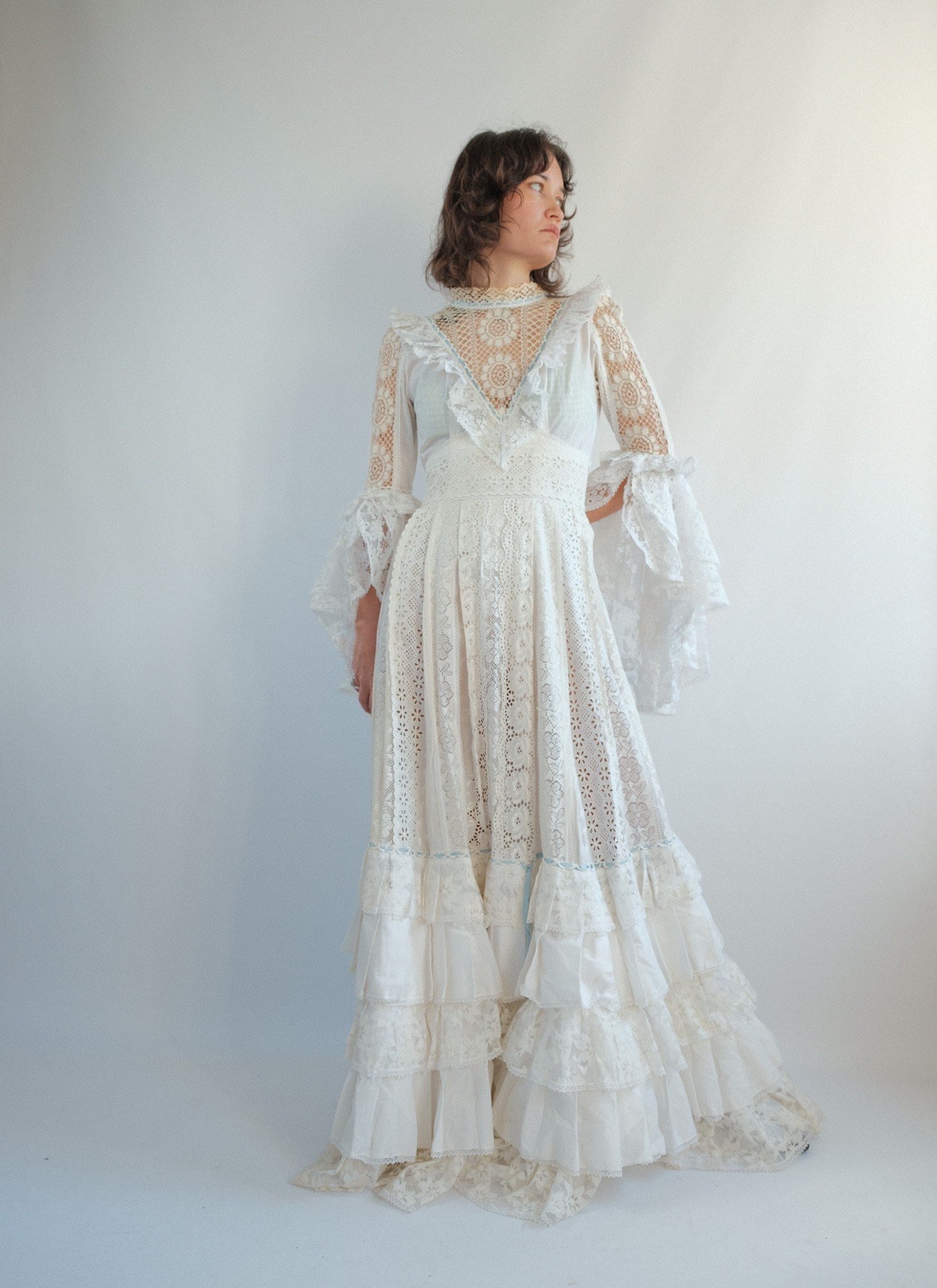 True vintage victorian style peasant cotton lace bell sleeve boho wedding  dress  Ramona's Archives