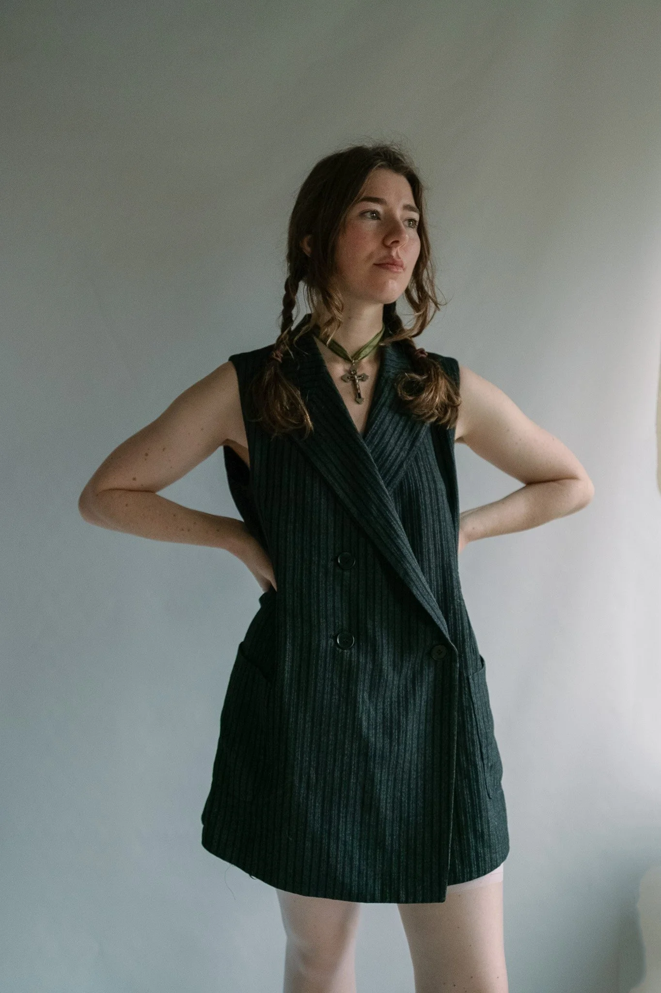 Issey Miyake Double breasted Blazer pinstripe Mini Dress 90s 6-10   Ramona's Archives