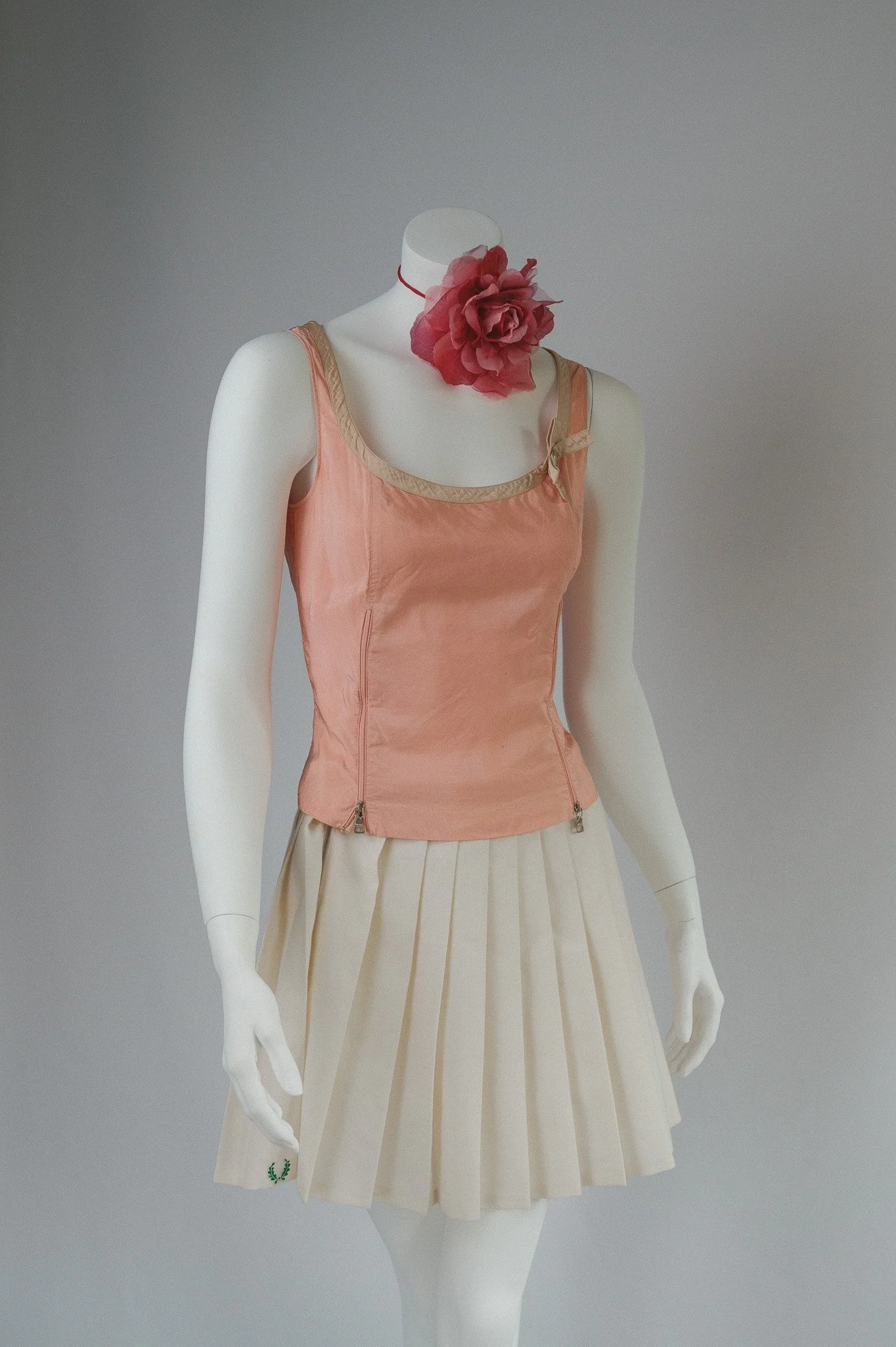 Prada Archival 90s Baby Pink and Beige  Silk Corset Top w Zips