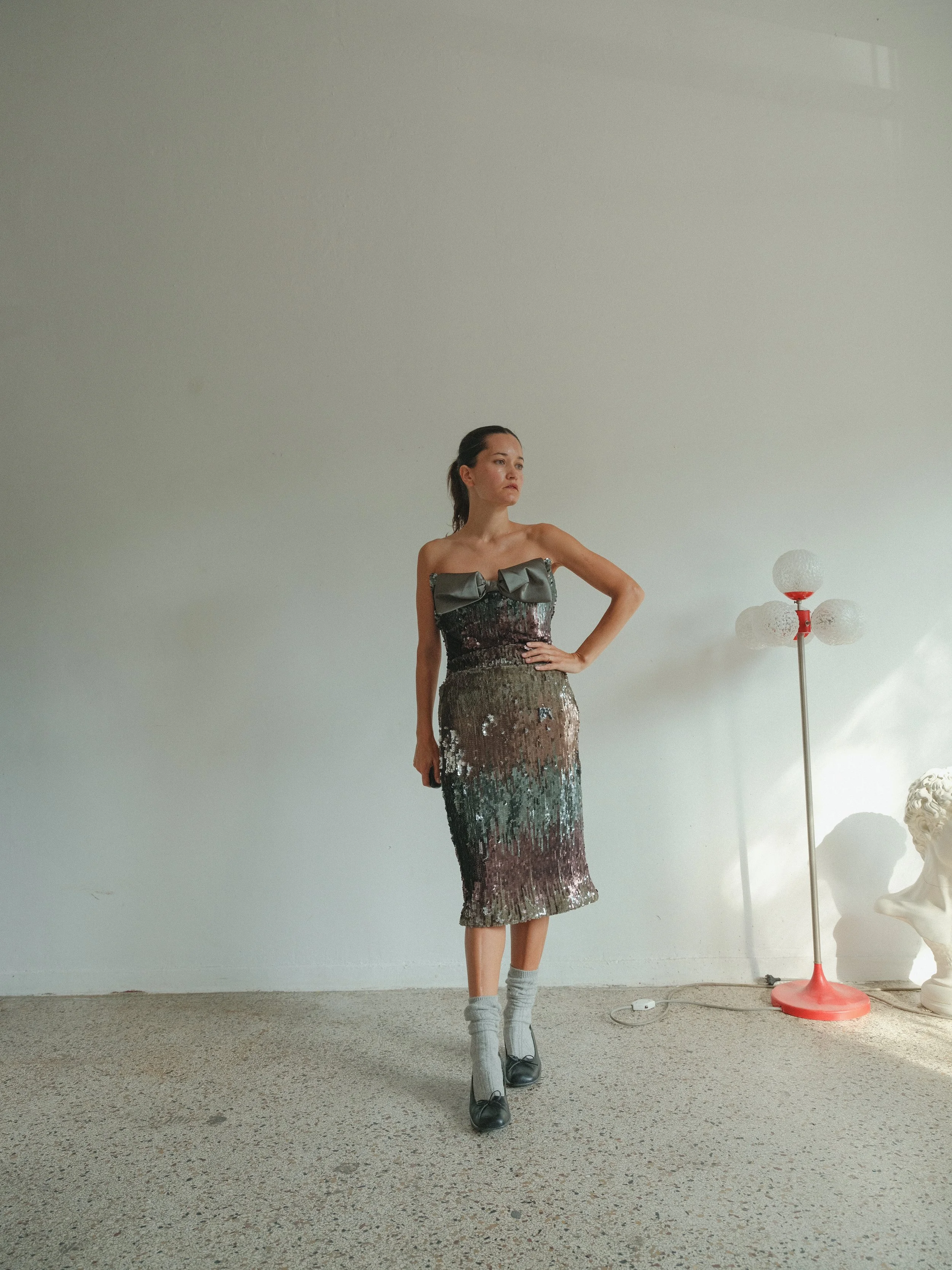 Vivienne Westwood Red Label Corset Bow Silver and Bronze Sequin Midi Dress — Ramona's Archives