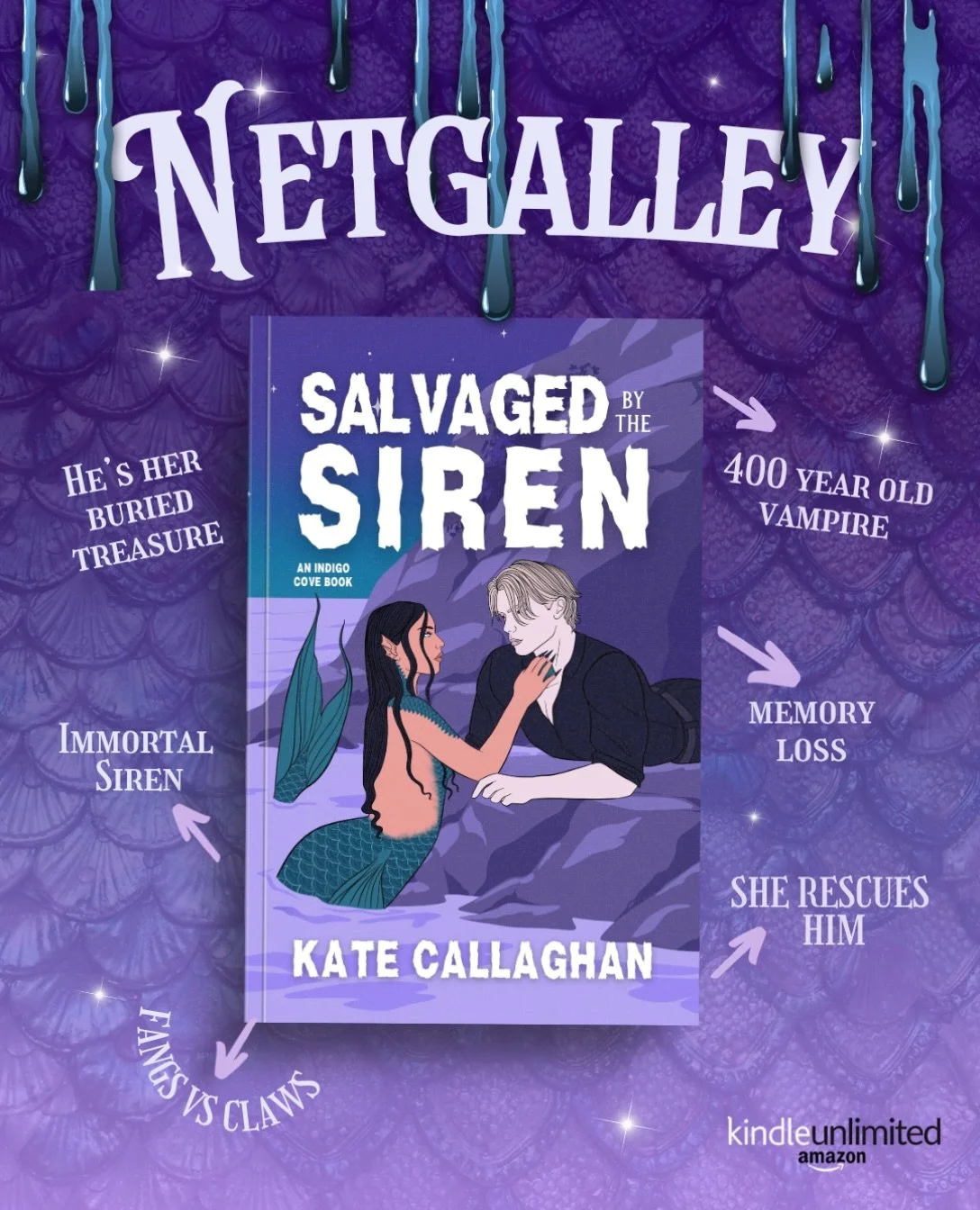 Now on @netgalley 💜 Grab your review copy before spooky season comes to an end!🩷
&bull;
🐚Salvaged by the Siren by Kate Callaghan
👑Read on KU: https://amzn.to/4zJ12Wo

🐚Amnesic Vampire X Reclusive Siren
💜Buried Treasure
🐚Fangs VS Claws
💜She Re