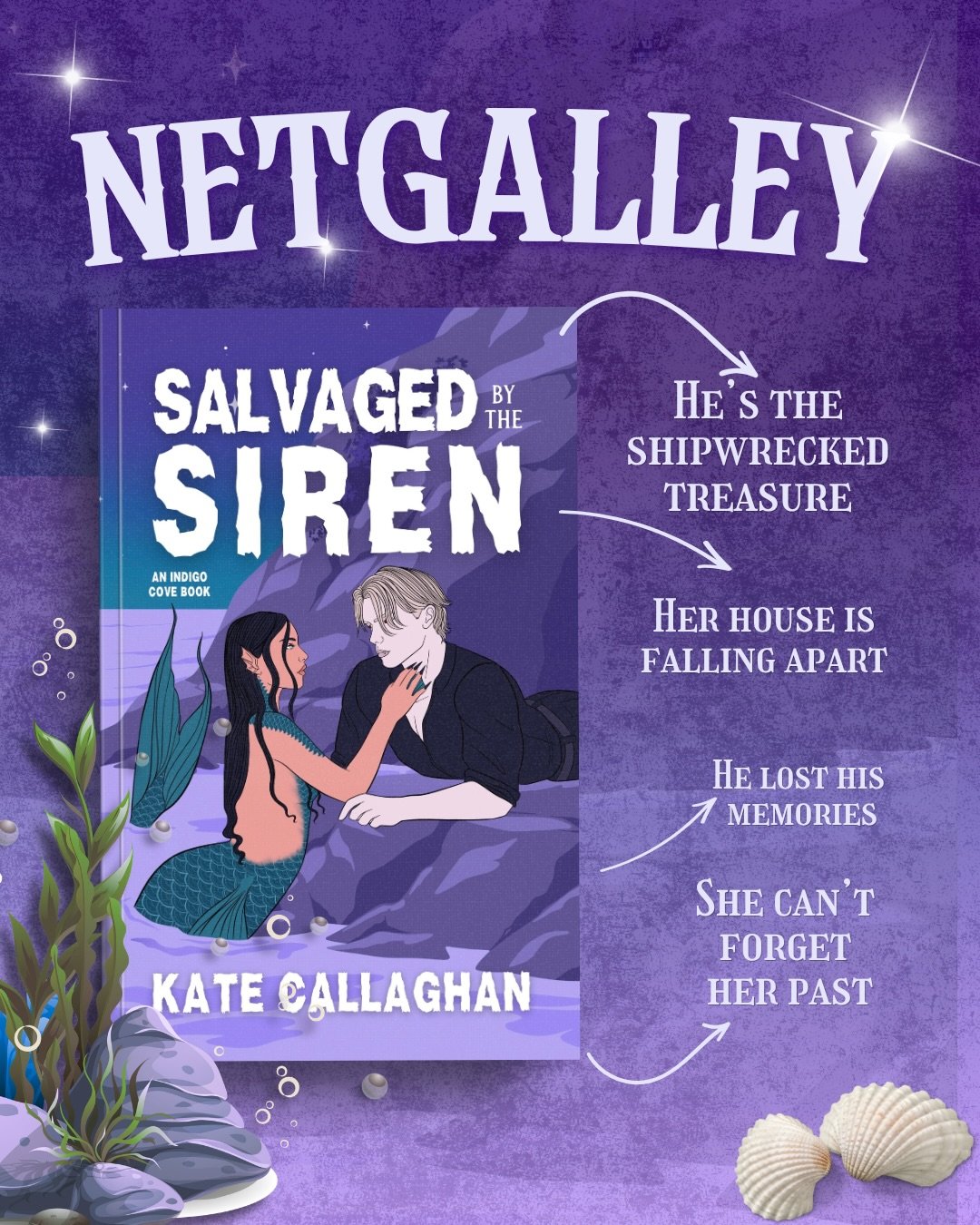 Now on @netgalley 💜 Grab your review copy before spooky season comes to an end!🩷
&bull;
🐚Salvaged by the Siren by Kate Callaghan
👑Read on KU: https://amzn.to/4zJ12Wo

🐚Amnesic Vampire X Reclusive Siren
💜Buried Treasure
🐚Fangs VS Claws
💜She Re