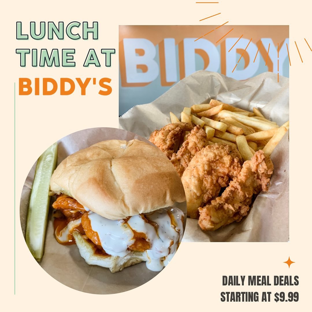 Lunch time at Biddy&rsquo;s is always a good idea, especially with our selection of meal deals offered daily, starting at $9.99 and always made to order so it&rsquo;s hot and fresh! 

Start an order online at www.biddyschicken.com