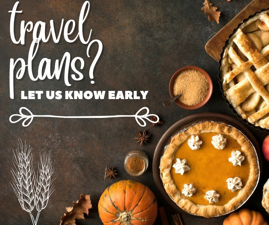 🦃✨ Holiday Travel Plans? Let Us Know Early! ✨🦃

The holidays are right around the corner, and our schedule is filling up fast! If you&rsquo;ll be traveling and need to cancel your cleaning around Thanksgiving, please let us know as soon as possible