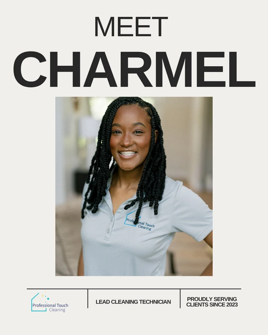 ✨ Meet the Team Spotlight ✨

Meet Charmel &mdash; one of our amazing Team Clean Leads here at Professional Touch Cleaning! 💙

Charmel is known for going above and beyond for our clients and always bringing a positive attitude to every home she clean