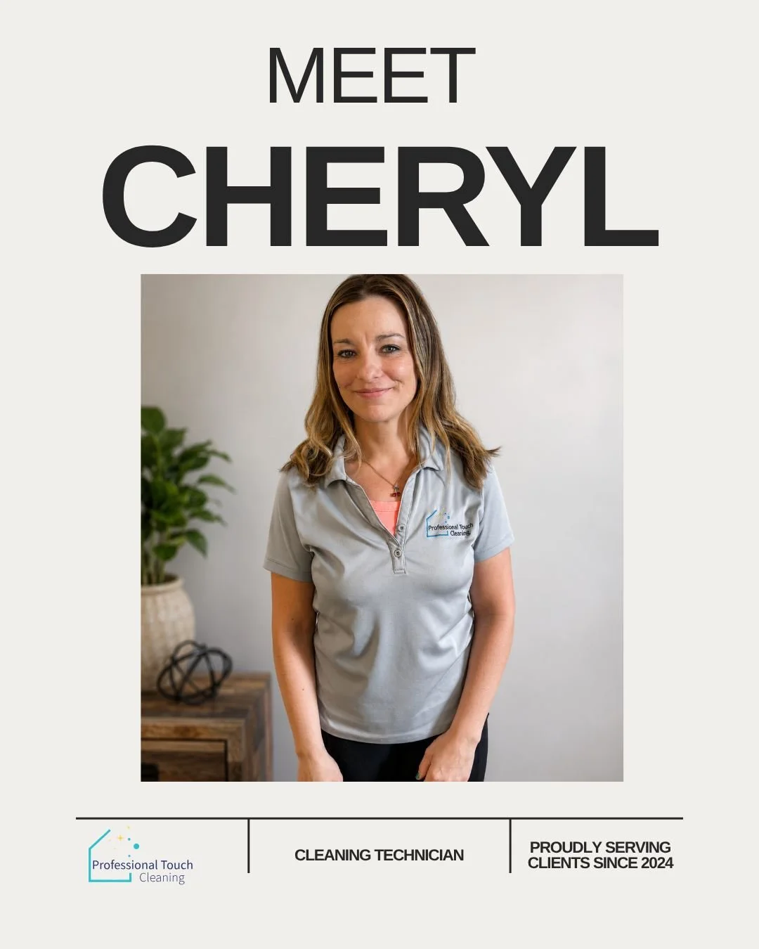 ✨ Meet the Team Spotlight ✨

This week we&rsquo;re highlighting Cheryl! 💙

 Cheryl is a hardworking member of our Professional Touch Cleaning family, and we&rsquo;re so thankful to have her on our team.

🧹 Position: Cleaning Tech
🌱 Loves outside o