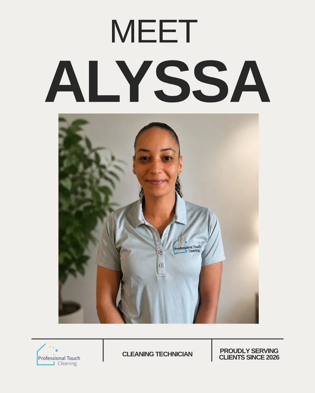 ✨ MEET THE TEAM SPOTLIGHT ✨

Today we're introducing Alyssa, one of the hardworking cleaners who helps make Professional Touch Cleaning so special! 💙

Alyssa loves spending time with her family and riding her motorcycle when she's not at work. If sh