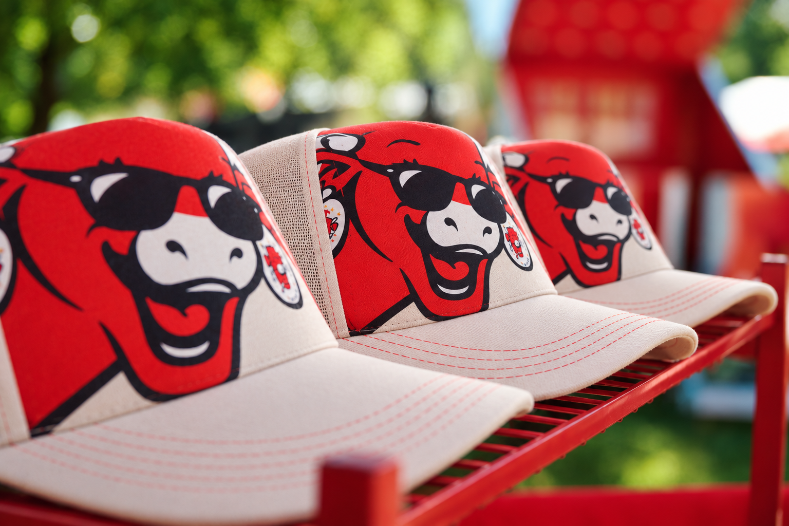 Bull Graphic Caps on a Red Display Rack.png
