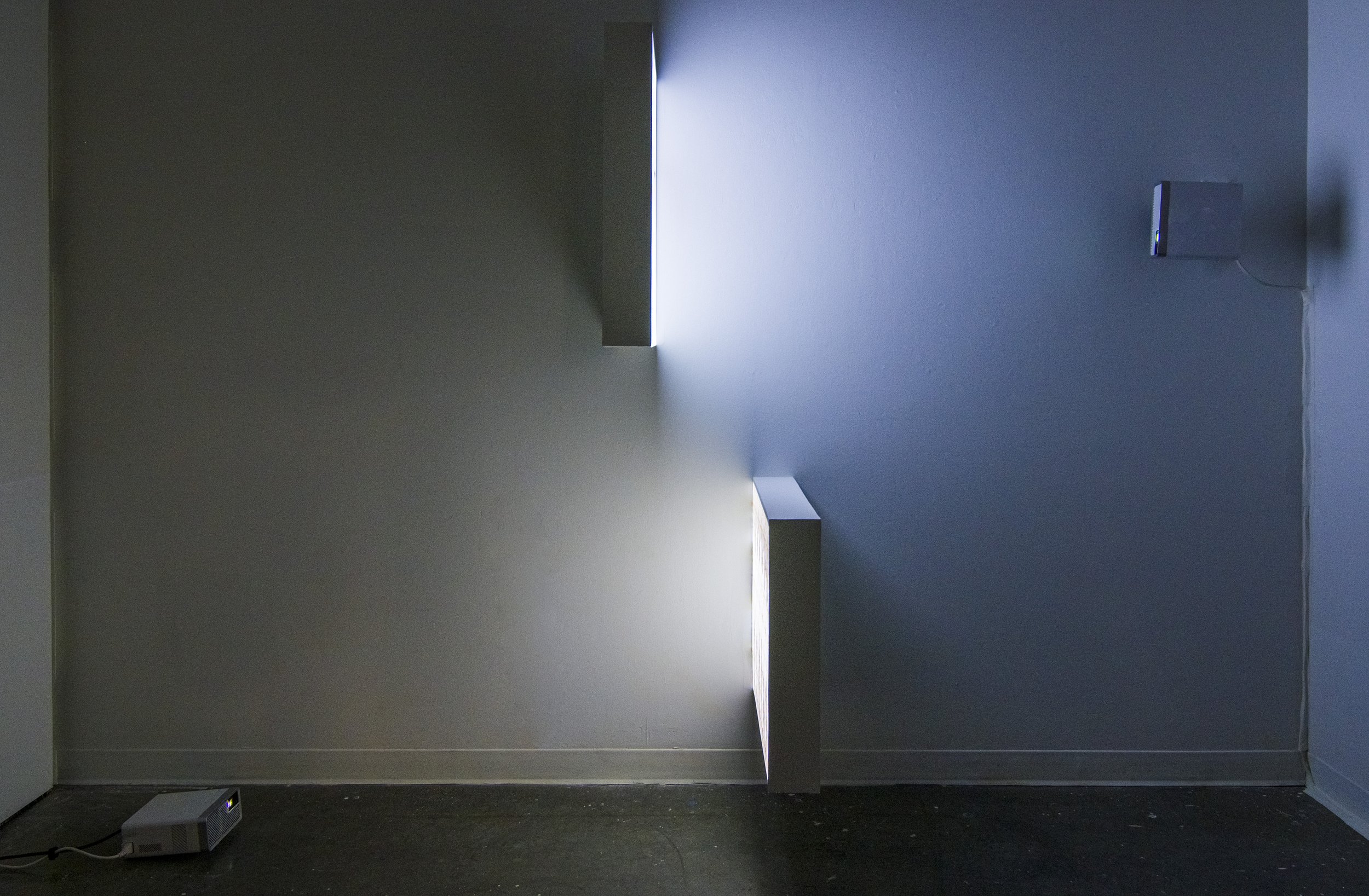 They Said the Grass is Greener (installation view), mixed media animation, 2-channel projection on geometric wall forms, 2023